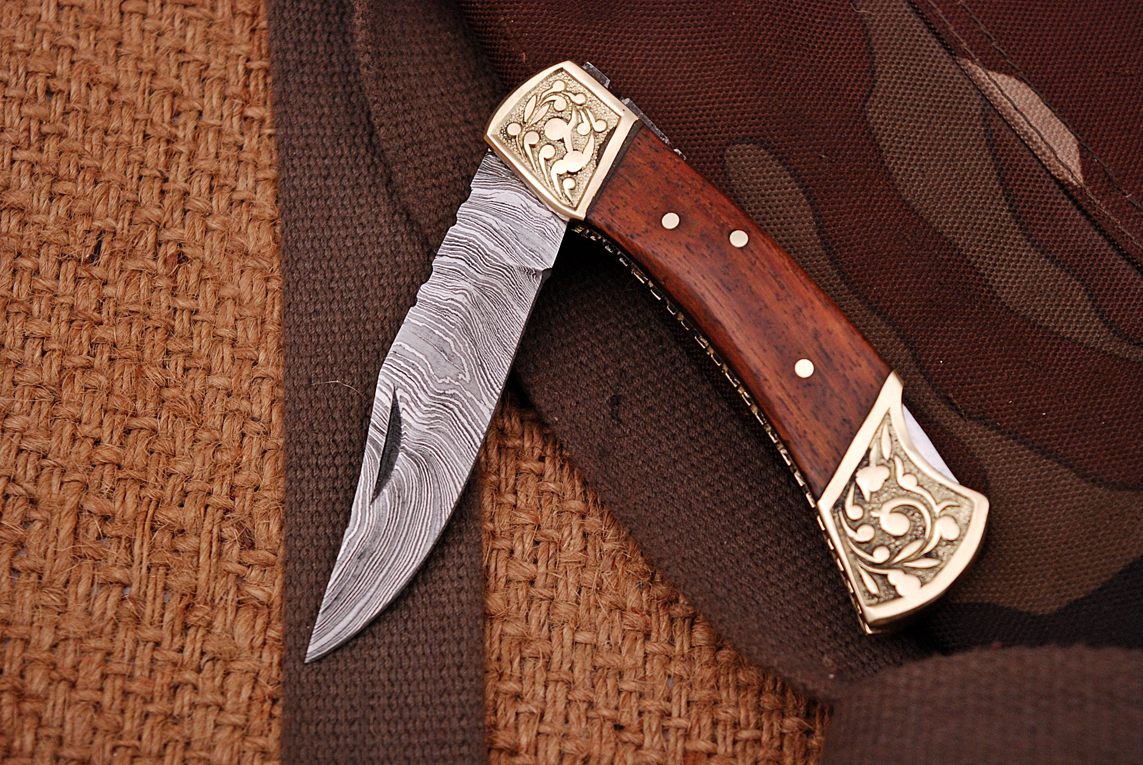 Customs Hand Made Damascus Steel Hunting Folding Knife Engraved Brass Bolster With Wood Handle - Image 5