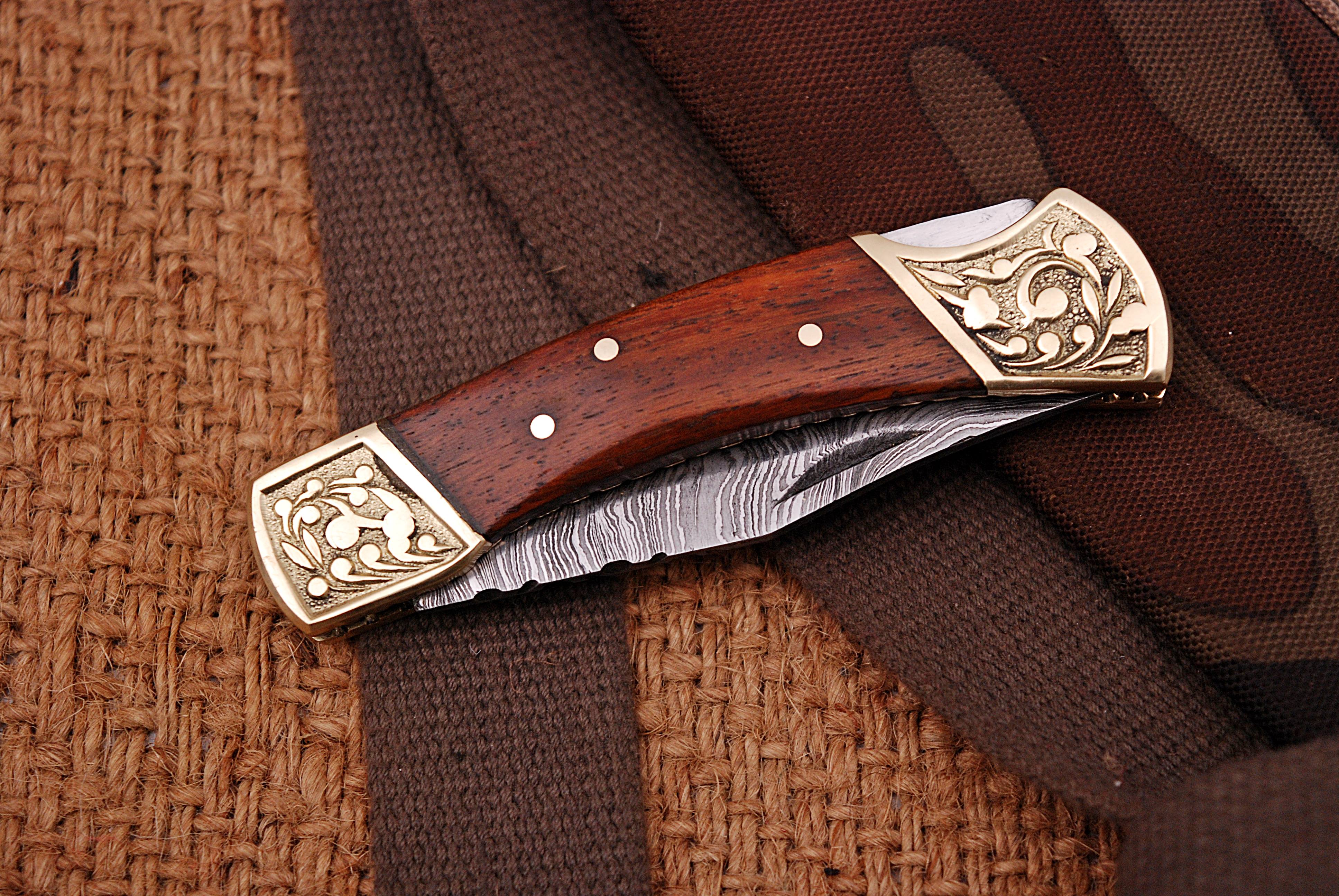 Customs Hand Made Damascus Steel Hunting Folding Knife Engraved Brass Bolster With Wood Handle - Image 6