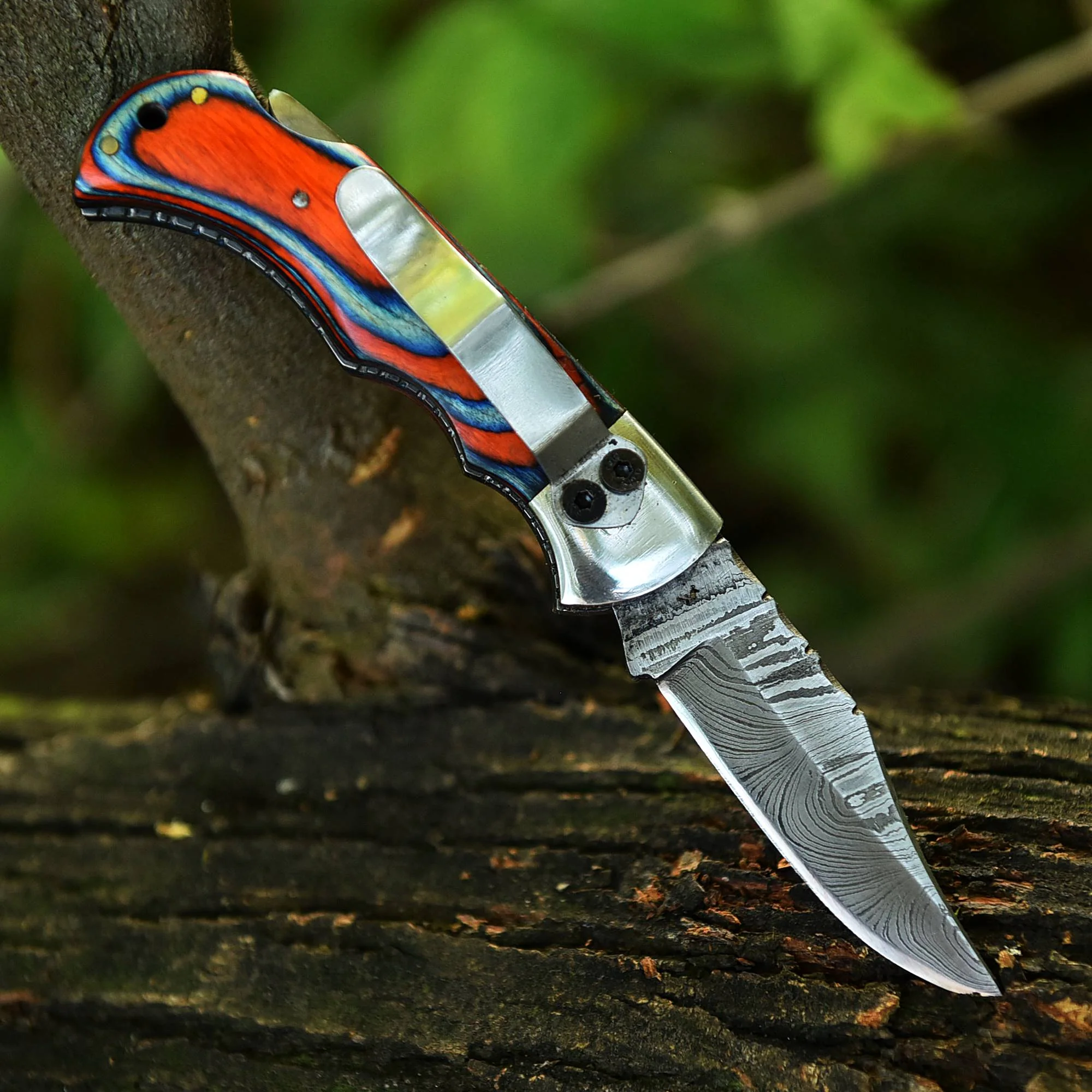 Customs Handmade Damascus Steel Hunting Folding Knife Steel Wood Handle - Image 3