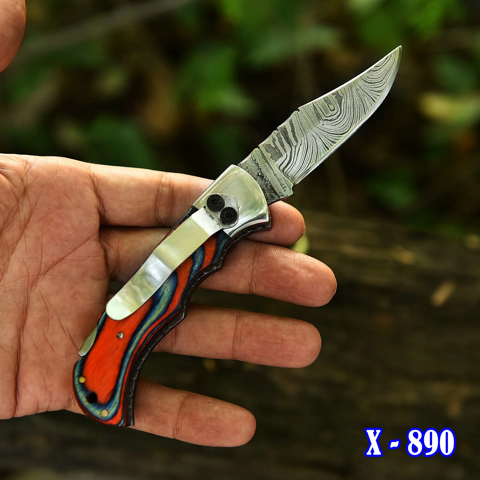 Customs Handmade Damascus Steel Hunting Folding Knife Steel Wood Handle - Image 4