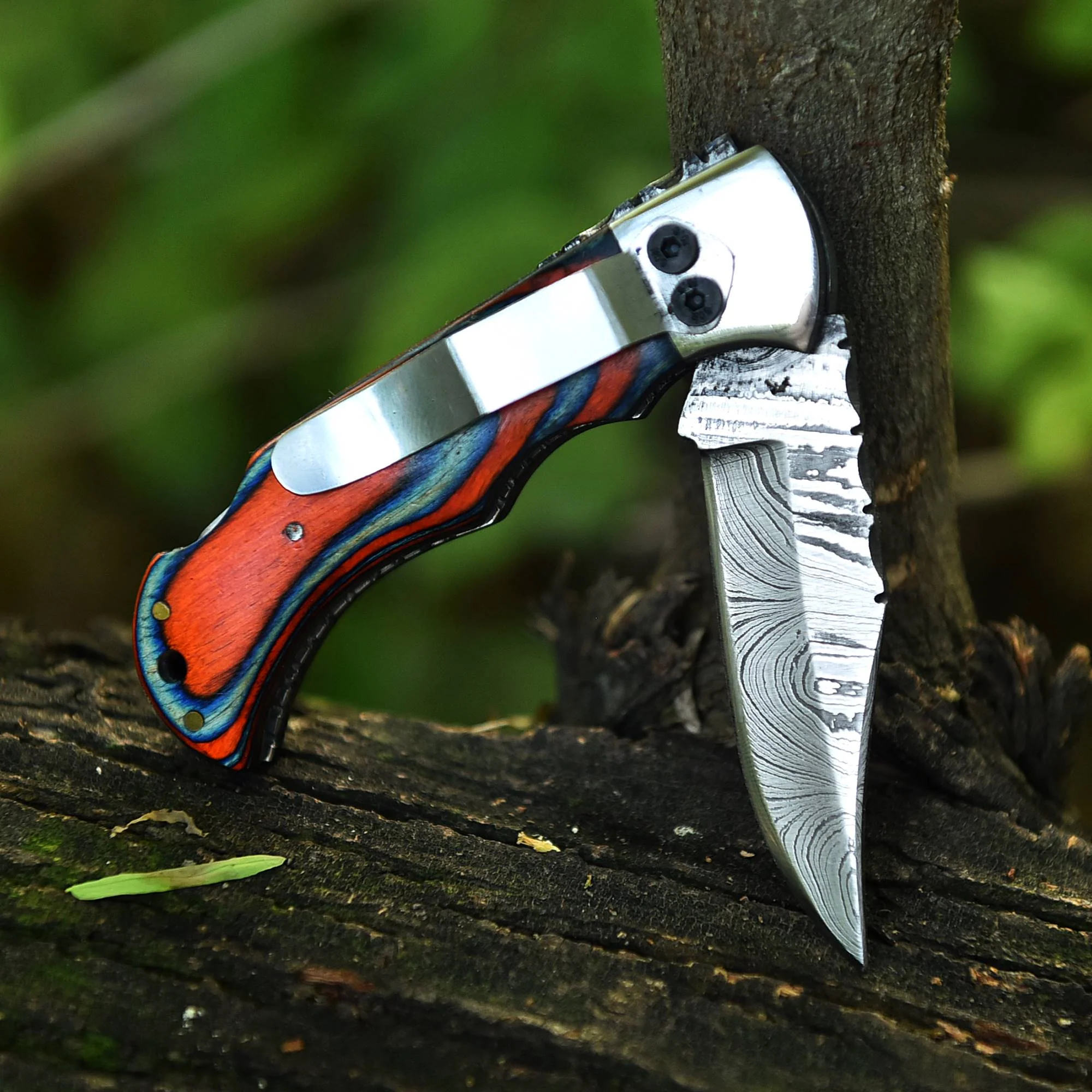 Customs Handmade Damascus Steel Hunting Folding Knife Steel Wood Handle - Image 5