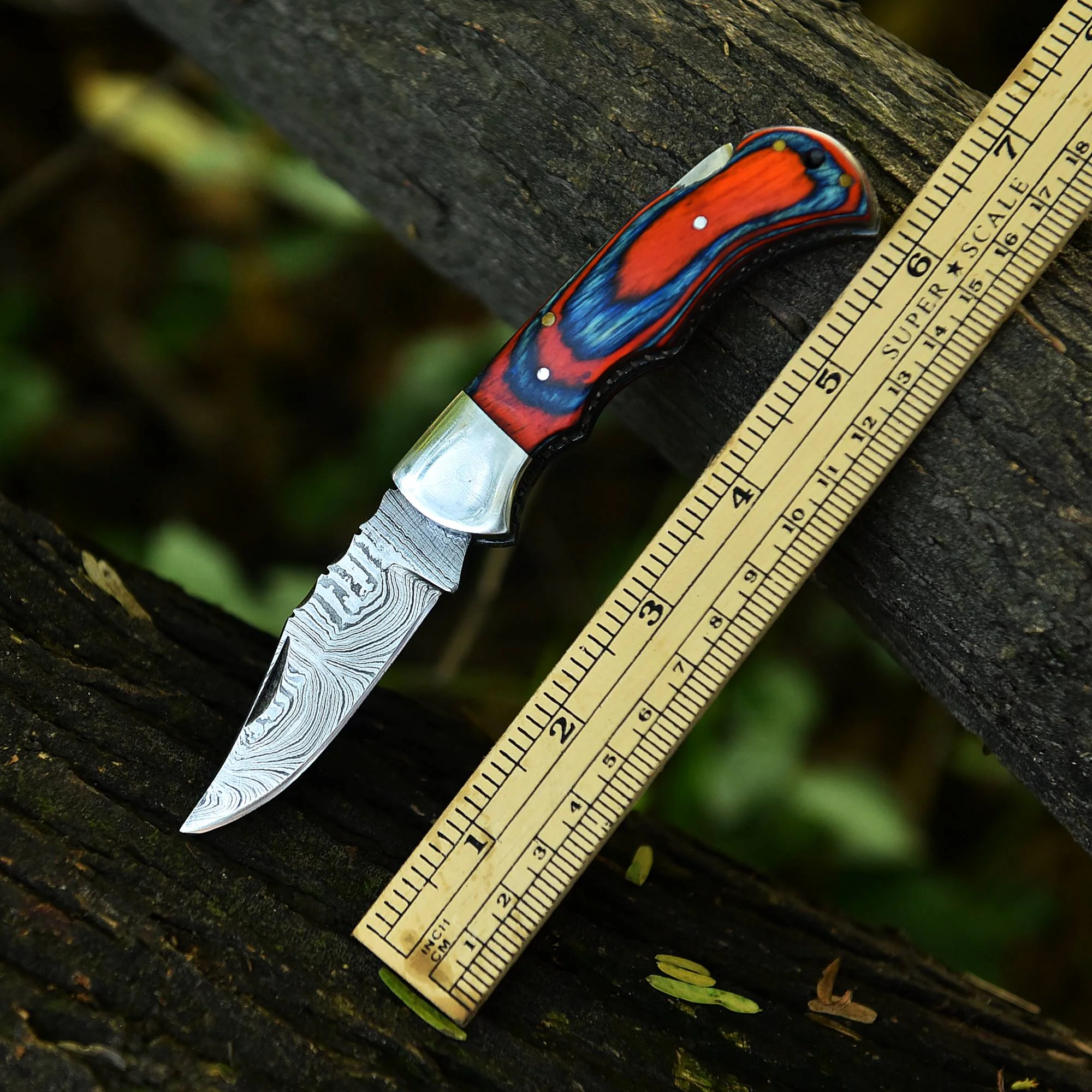 Customs Handmade Damascus Steel Hunting Folding Knife Steel Wood Handle - Image 6