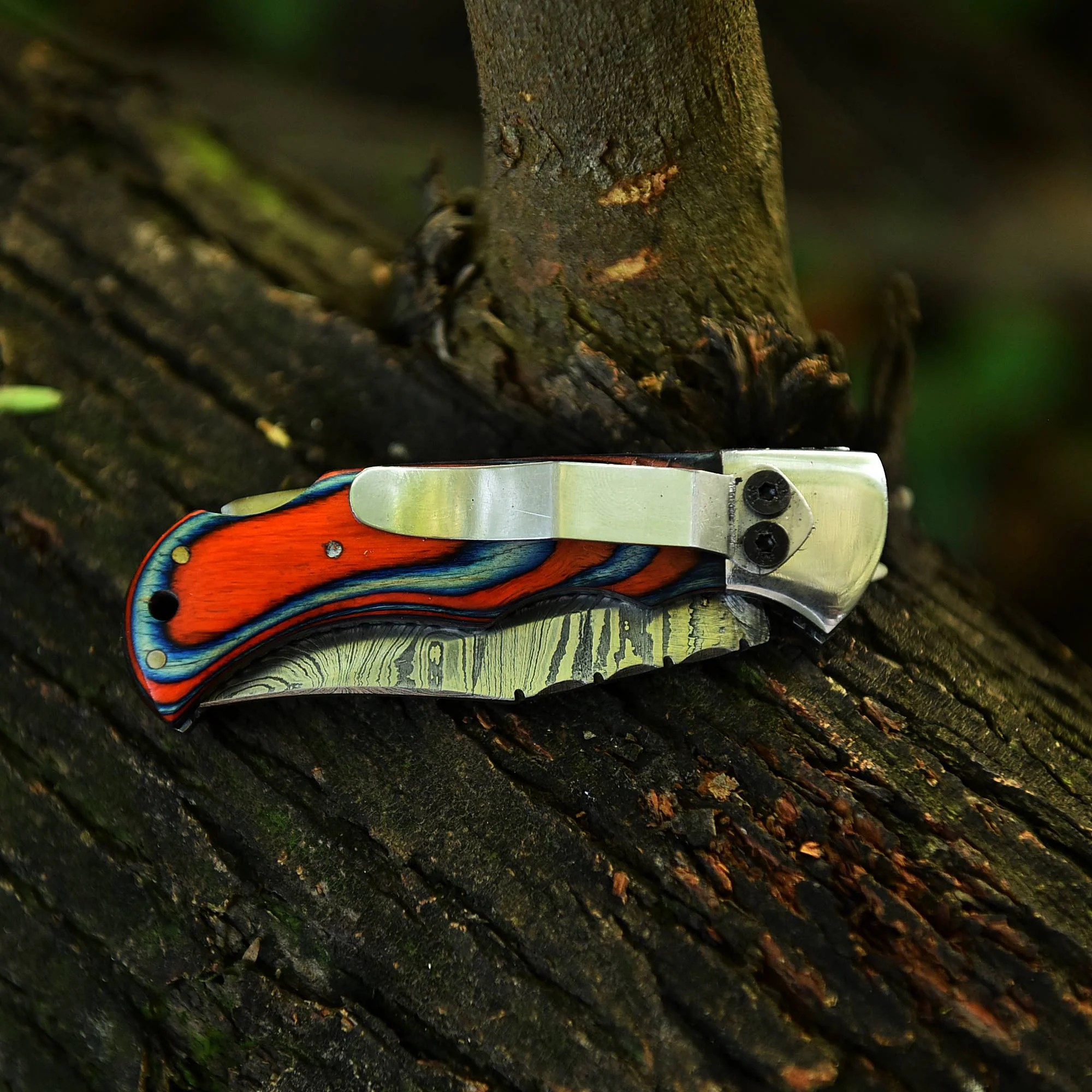 Customs Handmade Damascus Steel Hunting Folding Knife Steel Wood Handle - Image 7