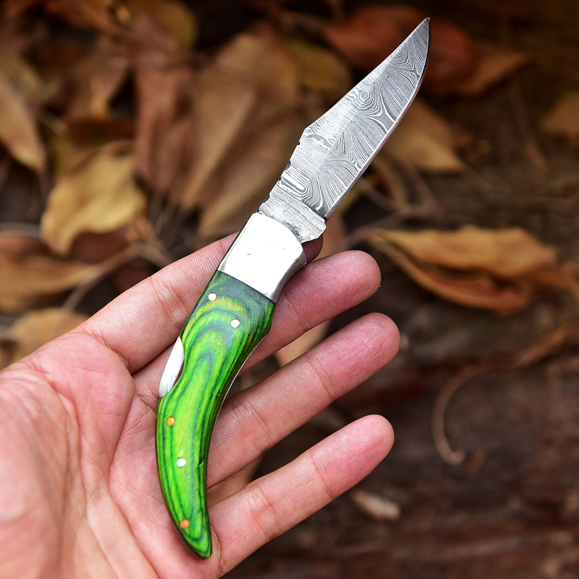 Damascus Folding Blade Knife - 7" Handmade Gift Knife - Bushcraft Pocket Knife - Image 2