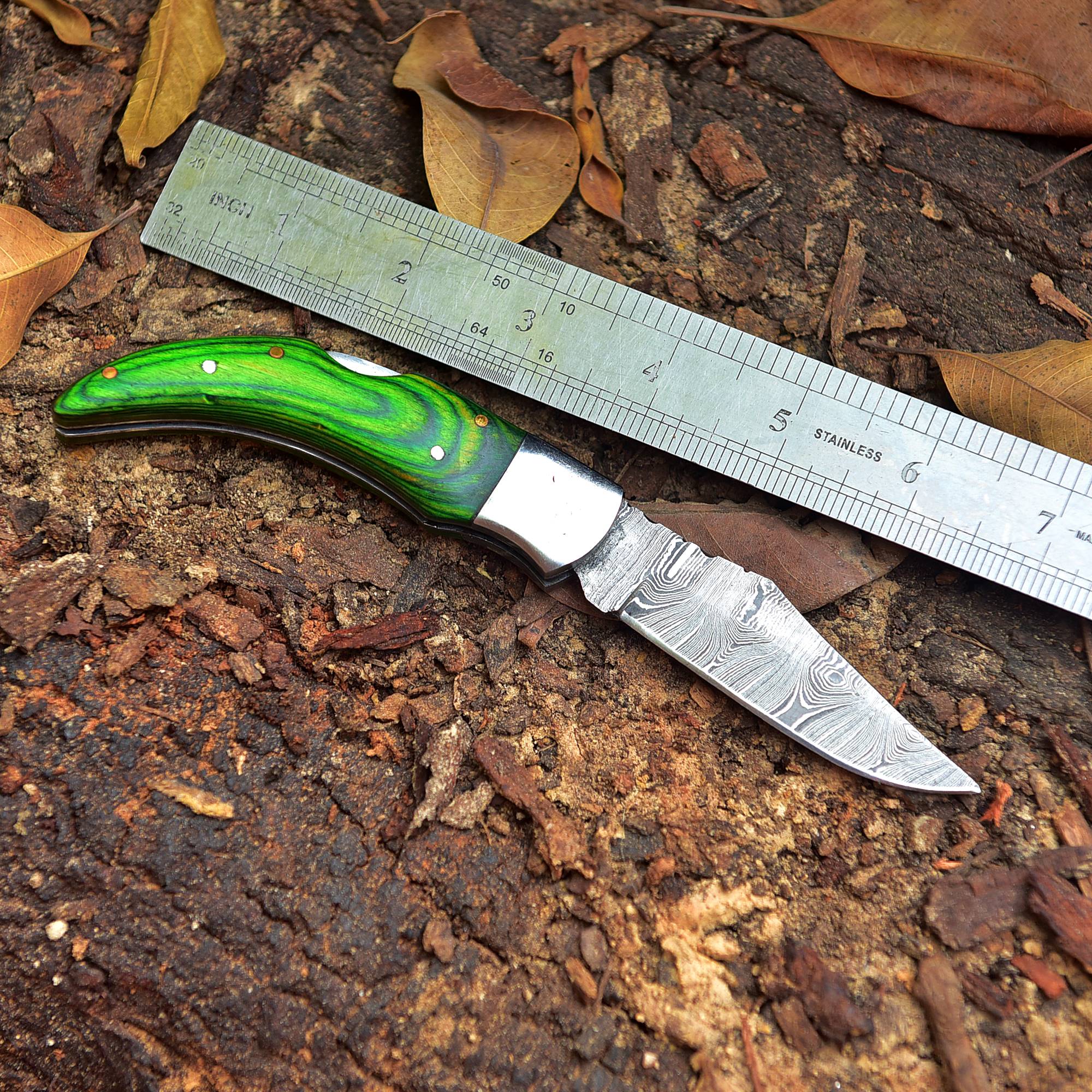 Damascus Folding Blade Knife - 7" Handmade Gift Knife - Bushcraft Pocket Knife - Image 3
