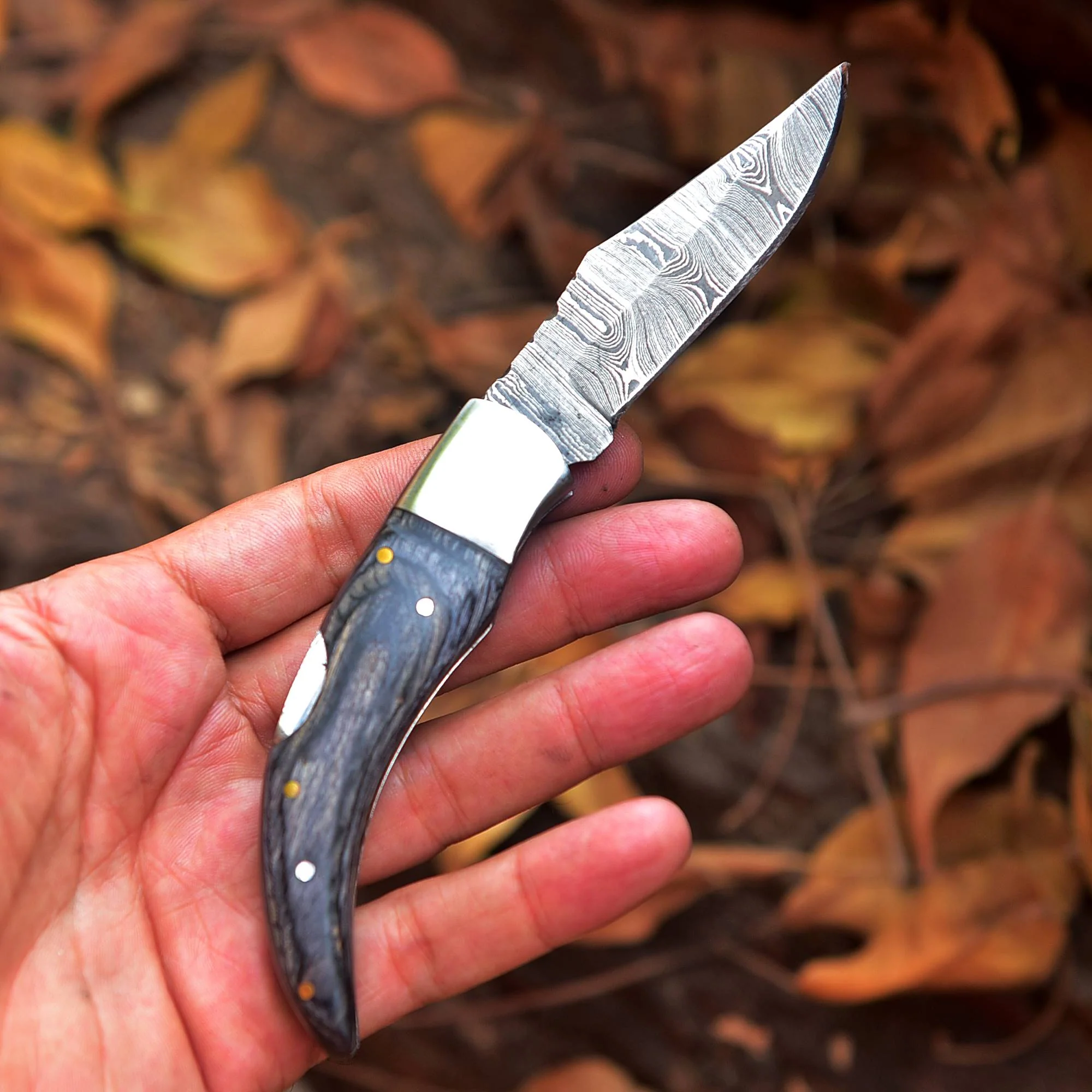 Damascus Folding Blade Knife - 7" Handmade Gift Knife - Outdoor Pocket Knife - Image 2