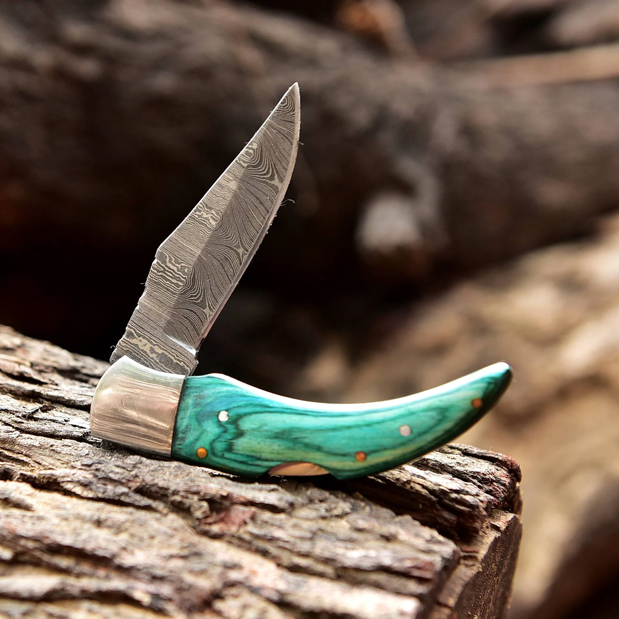 Damascus Folding Blade Knife - 7" Handmade Gift Knife - Skinner Pocket Knife - Image 2