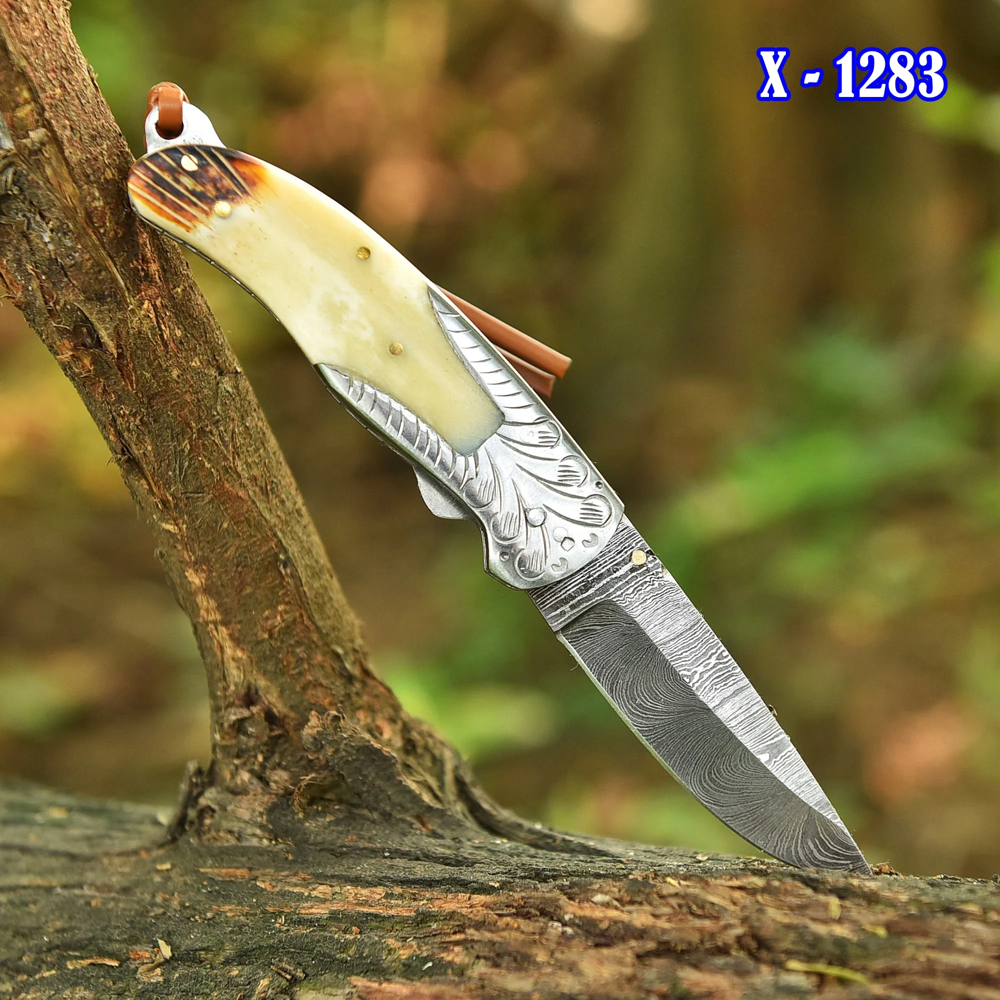 Damascus Folding Blade Pocket Knife Camel Bone Engraved Steel Bolster Handle - Image 2