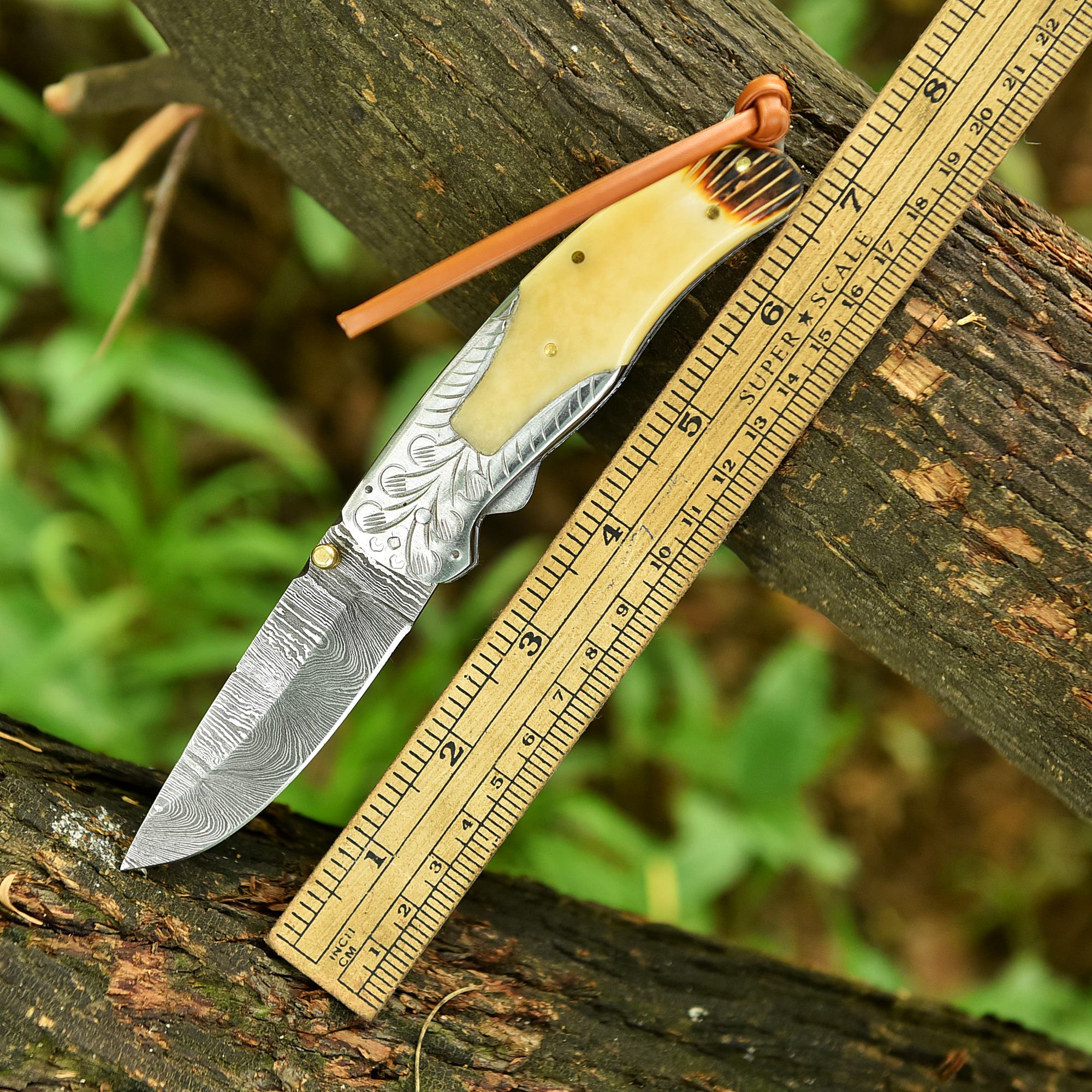 Damascus Folding Blade Pocket Knife Camel Bone Engraved Steel Bolster Handle - Image 4