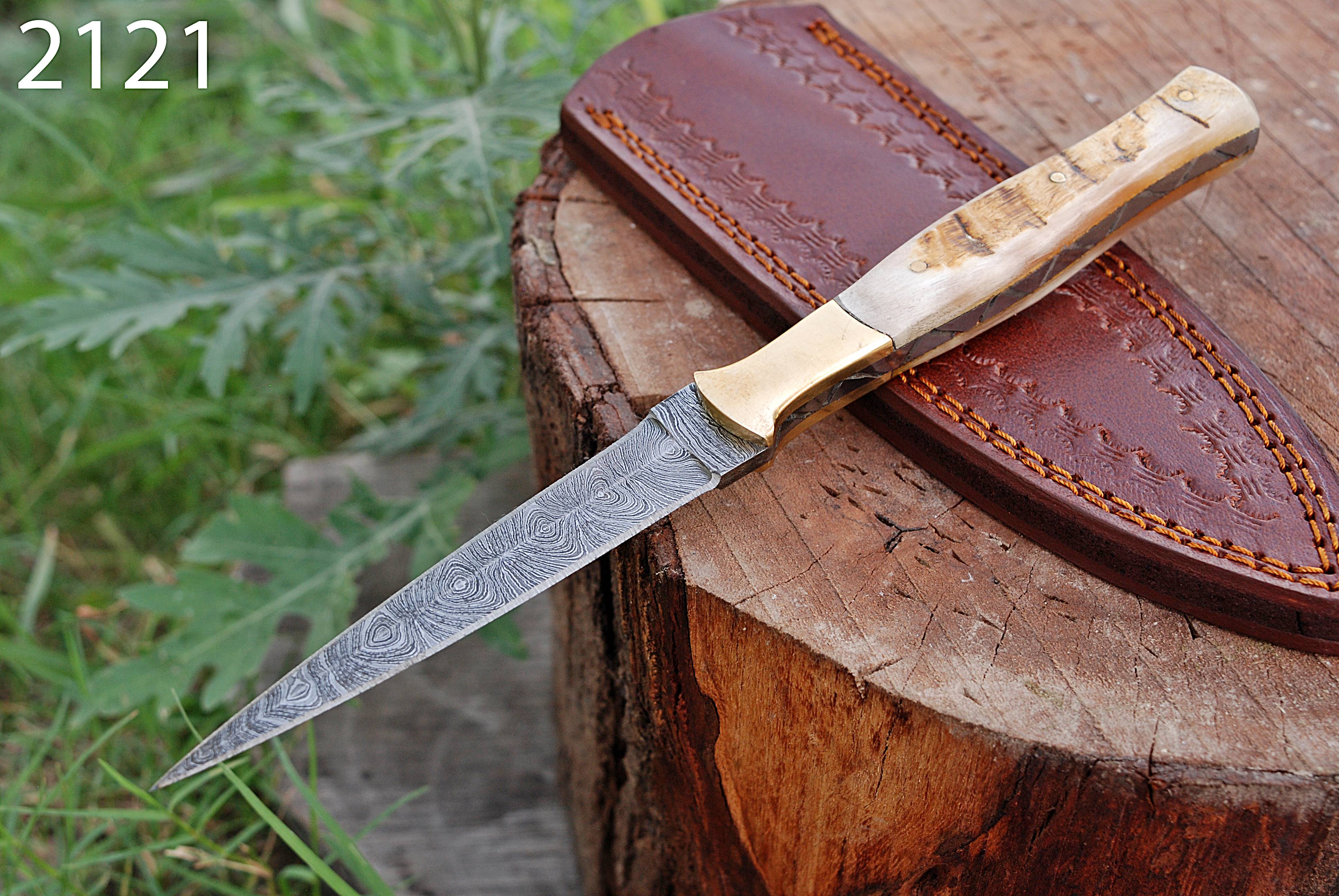 Damascus Knife Double-Edged Forged Steel Fixed Boot Knife Original Ram Horn Handle - Image 2
