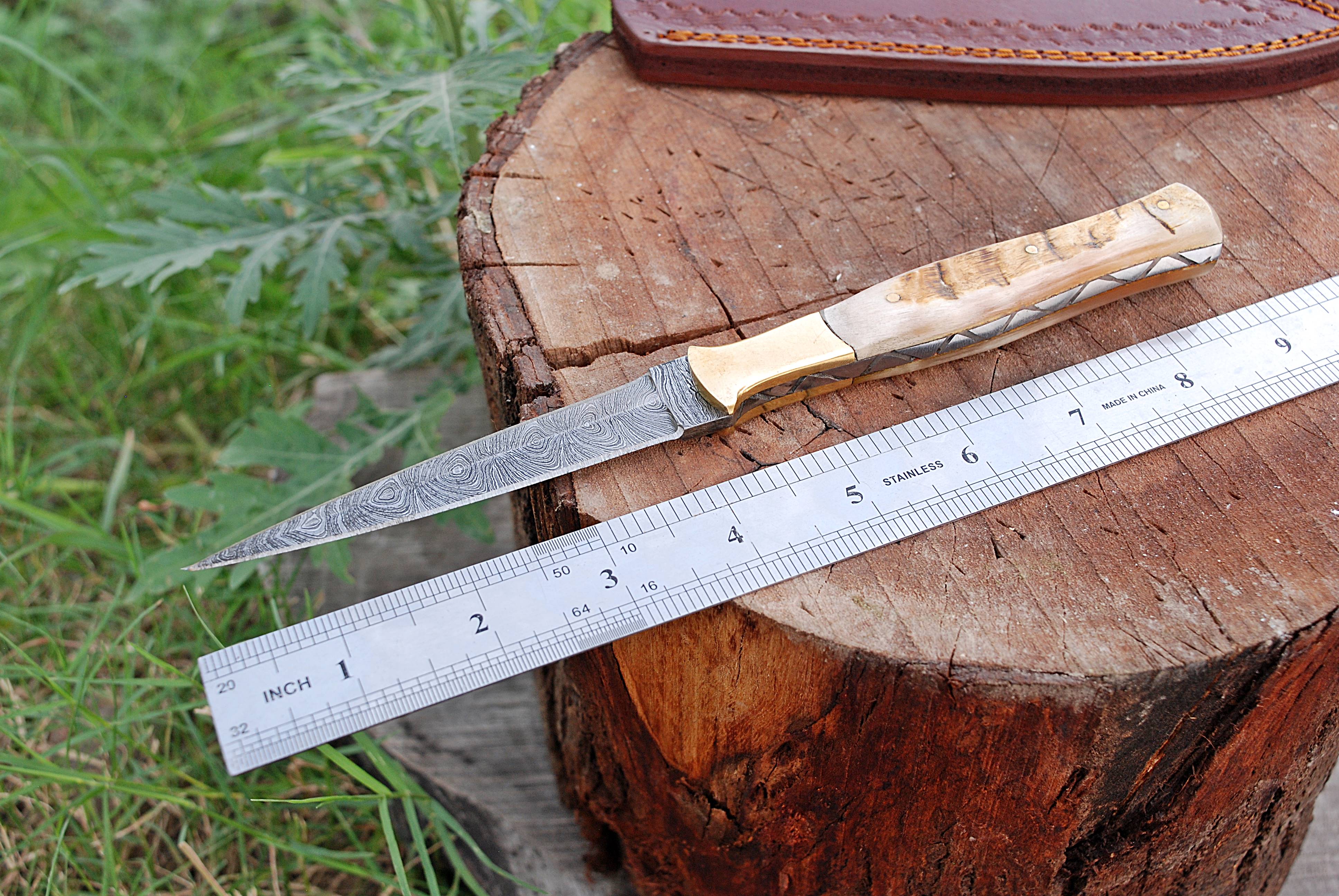 Damascus Knife Double-Edged Forged Steel Fixed Boot Knife Original Ram Horn Handle - Image 5
