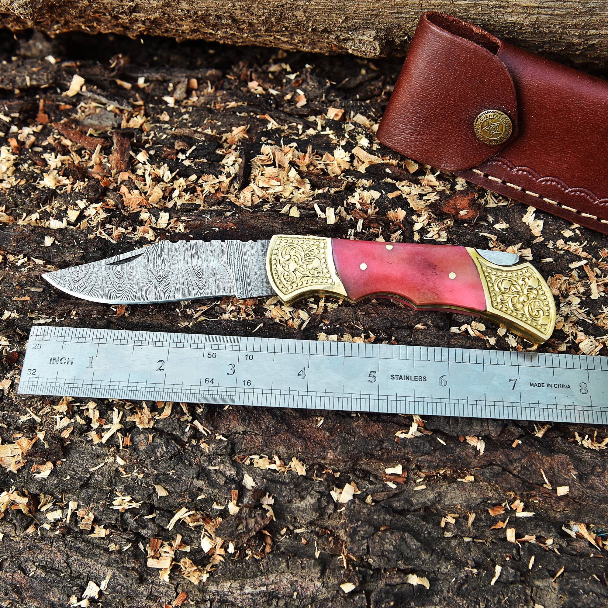 Damascus Knife Forged Steel Folding Blade Pocket Carry-Pink Colored Bone Handle - Image 4