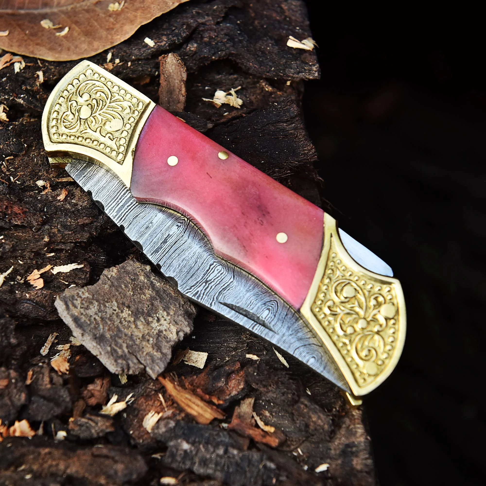 Damascus Knife Forged Steel Folding Blade Pocket Carry-Pink Colored Bone Handle - Image 5