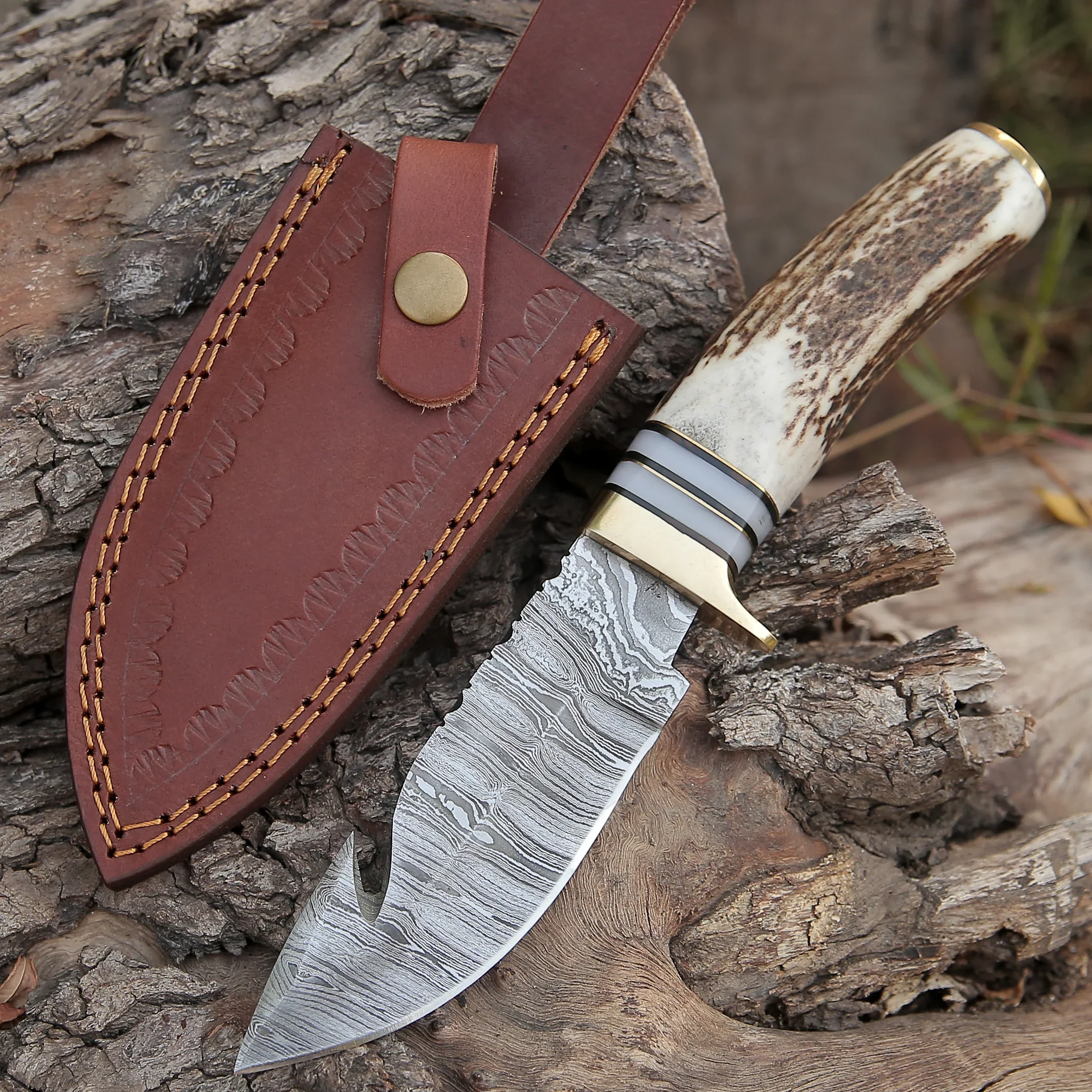 8" Handcrafted Damascus Steel Outdoor Knife with Stag Antler Handle - Image 6