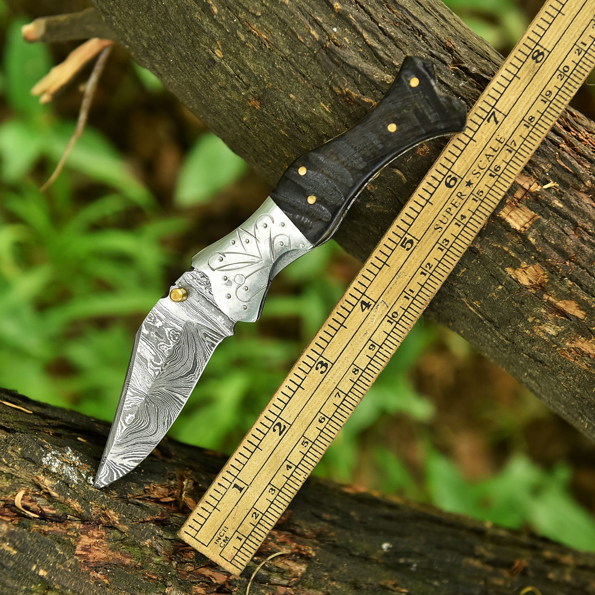 Damascus Steel Folding Blade EDC Pocket Hunting Knife Ram Horn Handle - Image 4