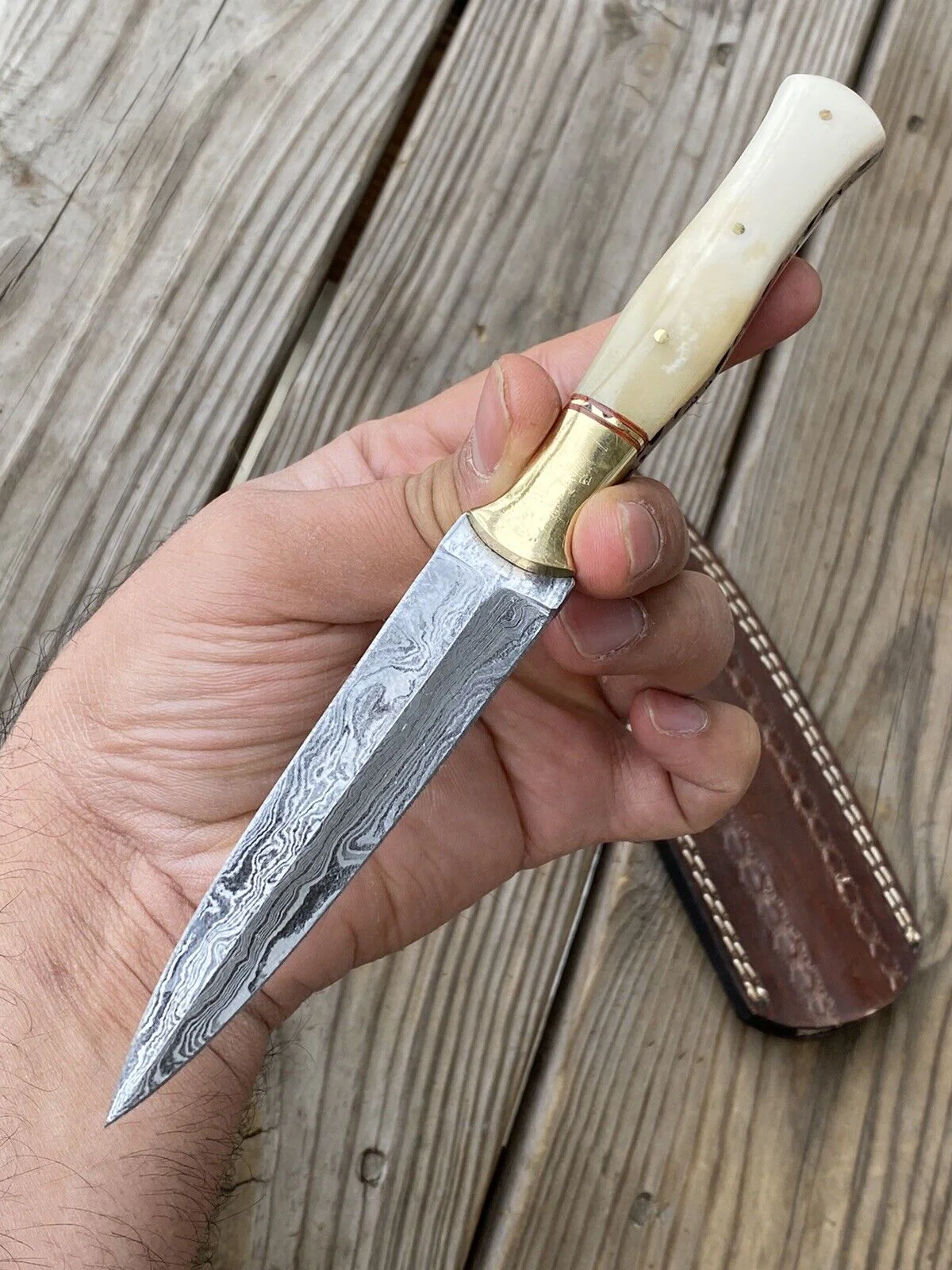 EDC Boot Knife Handmade Damascus Dagger Fixed Blade Camel Bone Handle with Sheath - Image 3