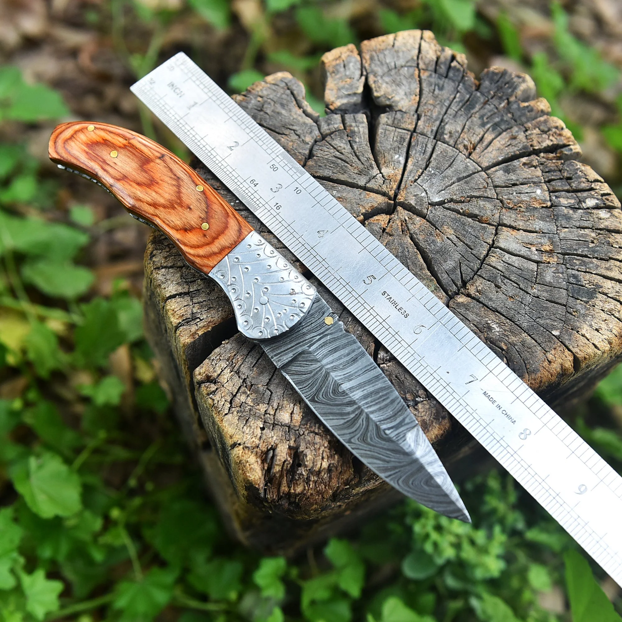 EDC Hand Forged Damascus Steel Folding Blade Pocket Knife Wood Handle - Image 2