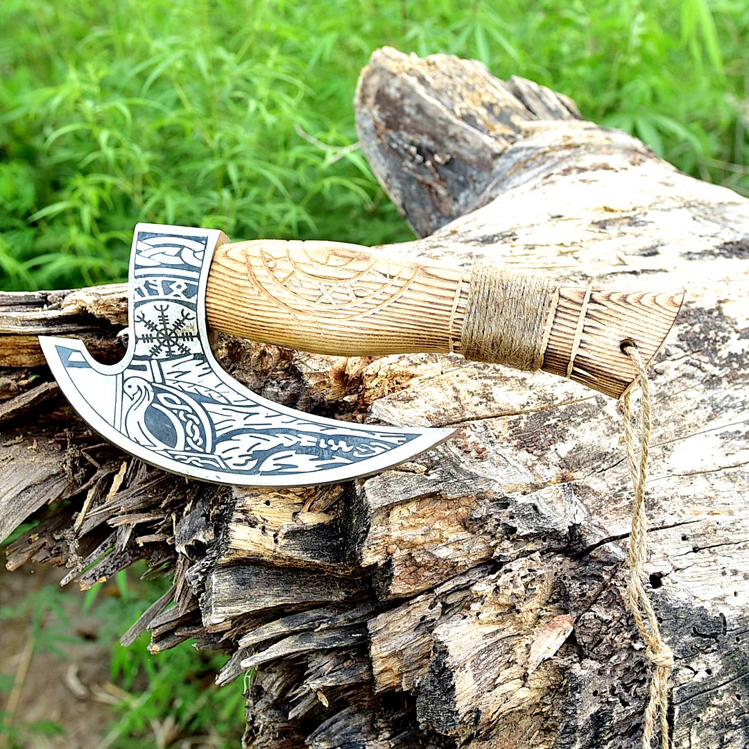 Forged Carbon Steel Pizza Cutter Axe with Burn Ash Wood Shaft - Viking Axe- Ulu Alaskan - Image 4
