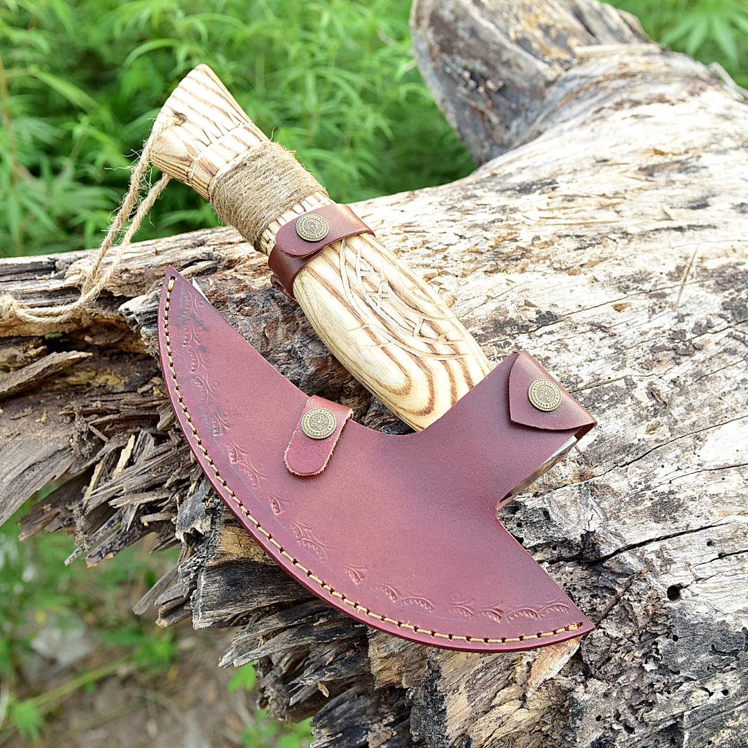 Forged Carbon Steel Pizza Cutter Axe with Burn Ash Wood Shaft - Viking Axe- Ulu Alaskan - Image 5