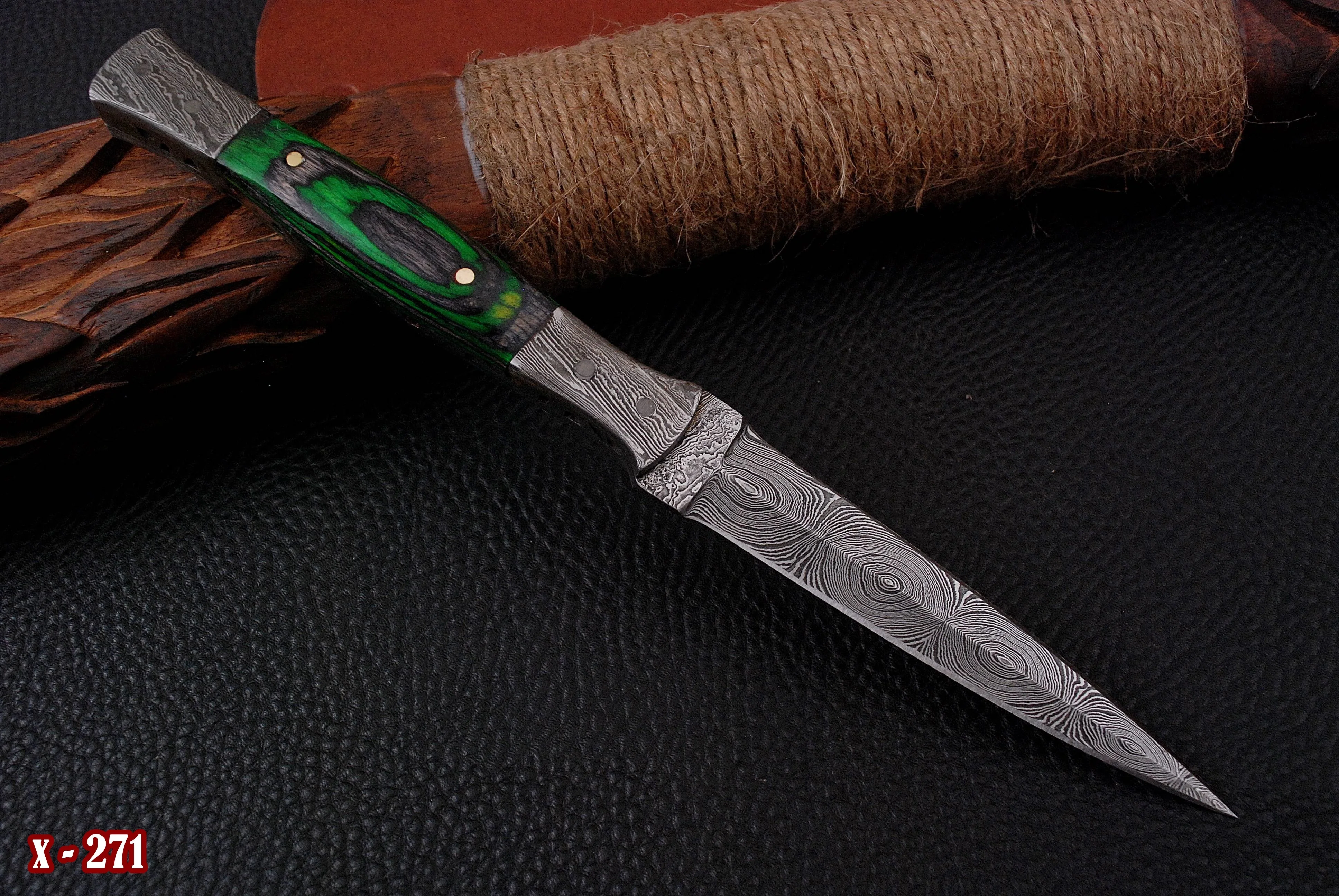 Full Tang Damascus Knife Ideal Dagger Boot Knives with Leather Sheath x-271 - Image 2