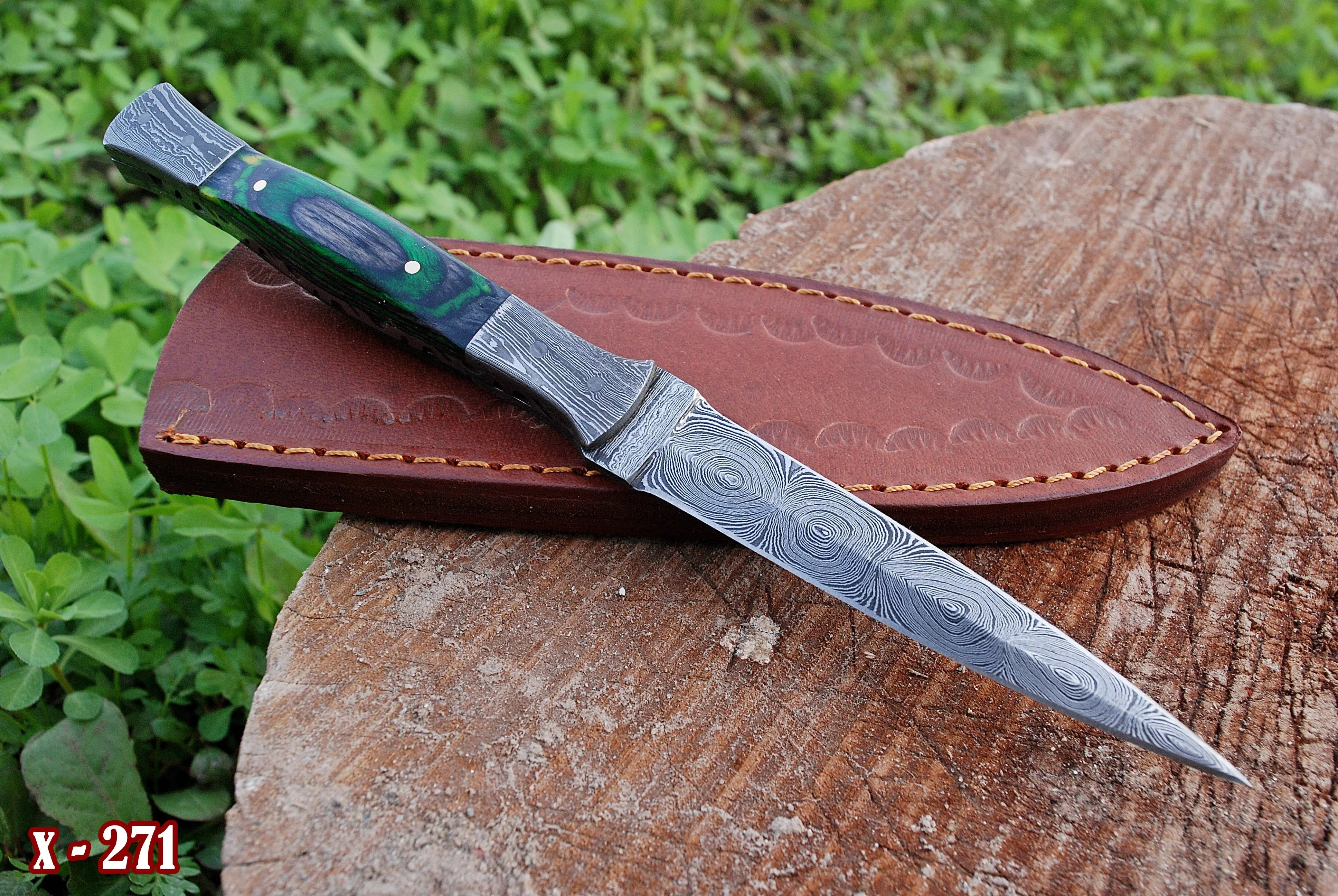 Full Tang Damascus Knife Ideal Dagger Boot Knives with Leather Sheath x-271 - Image 4