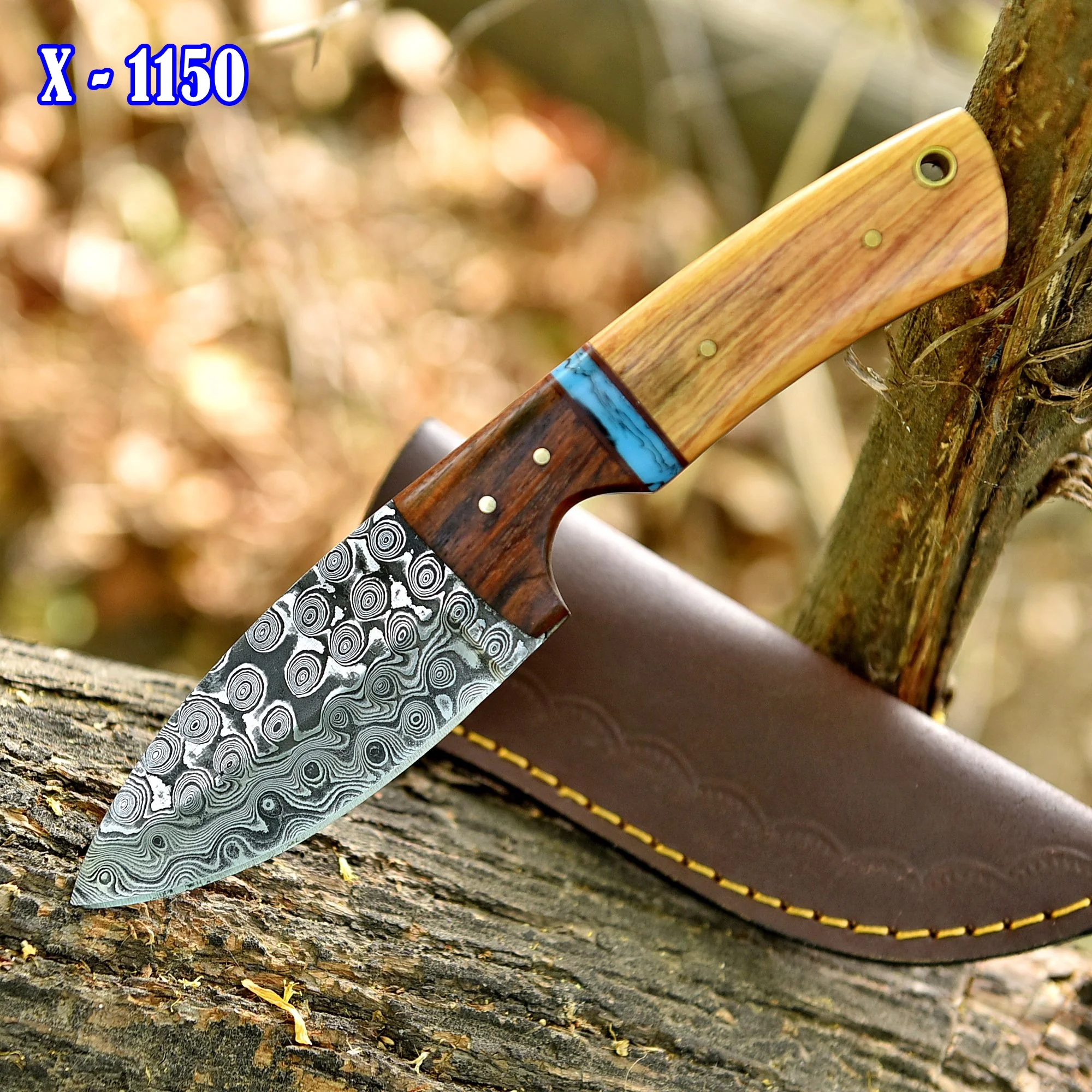Hand Forged Damascus Steel Skinner Hunting Knife with Leather Sheath - Image 2