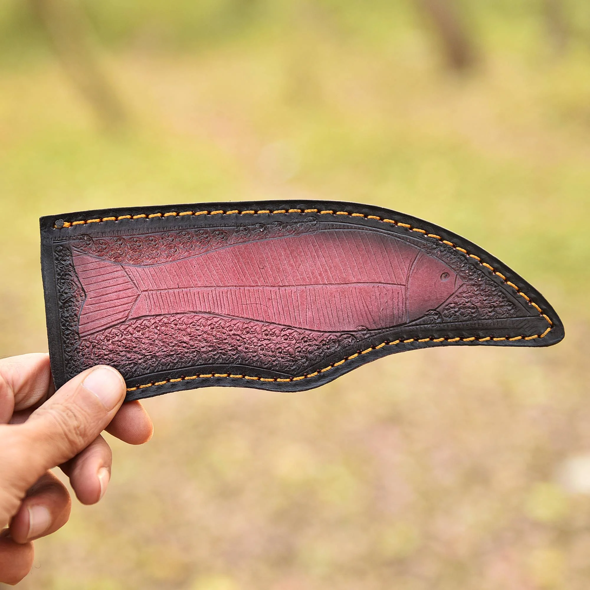 Hand Stitched Premium Goat Leather Fish Engraved Fixed Blade Knife Sheath - Image 5