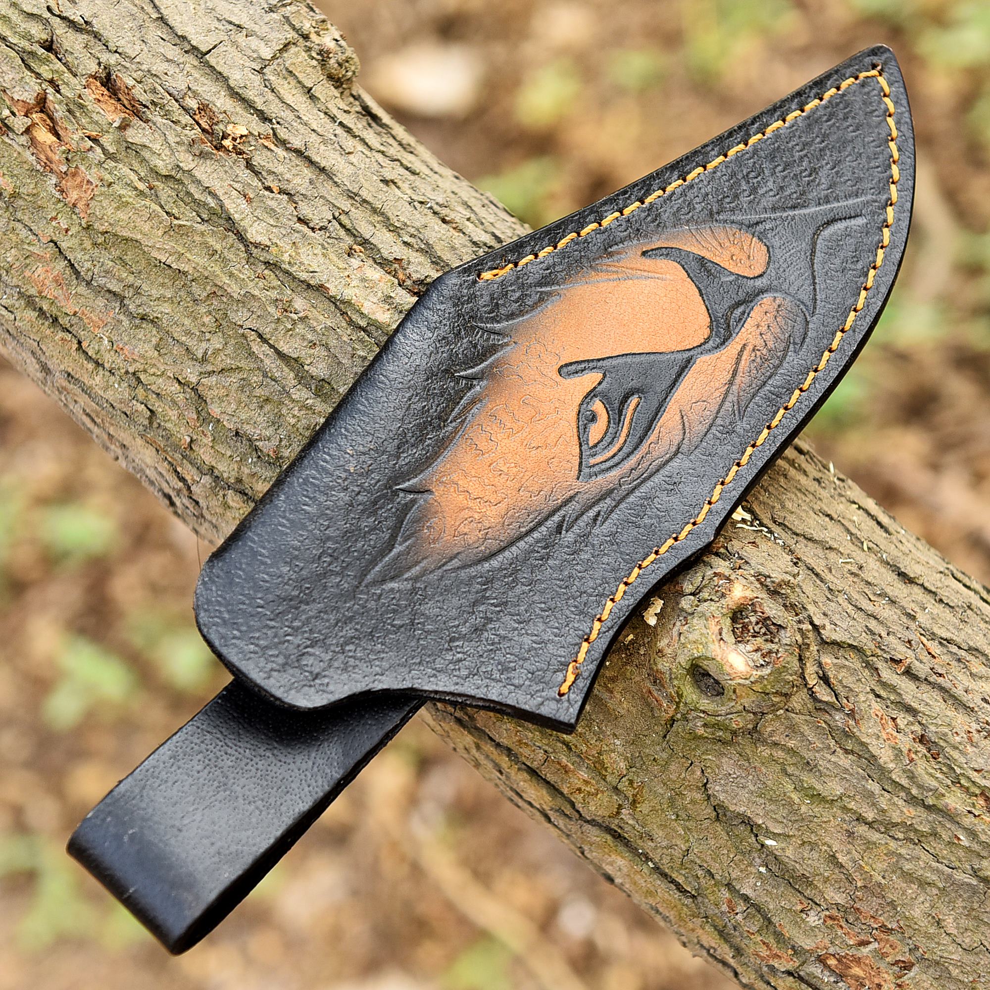 Hand Stitched Top Grain Leather Fixed Blade Knife Lion Engraved Sheath - Image 3