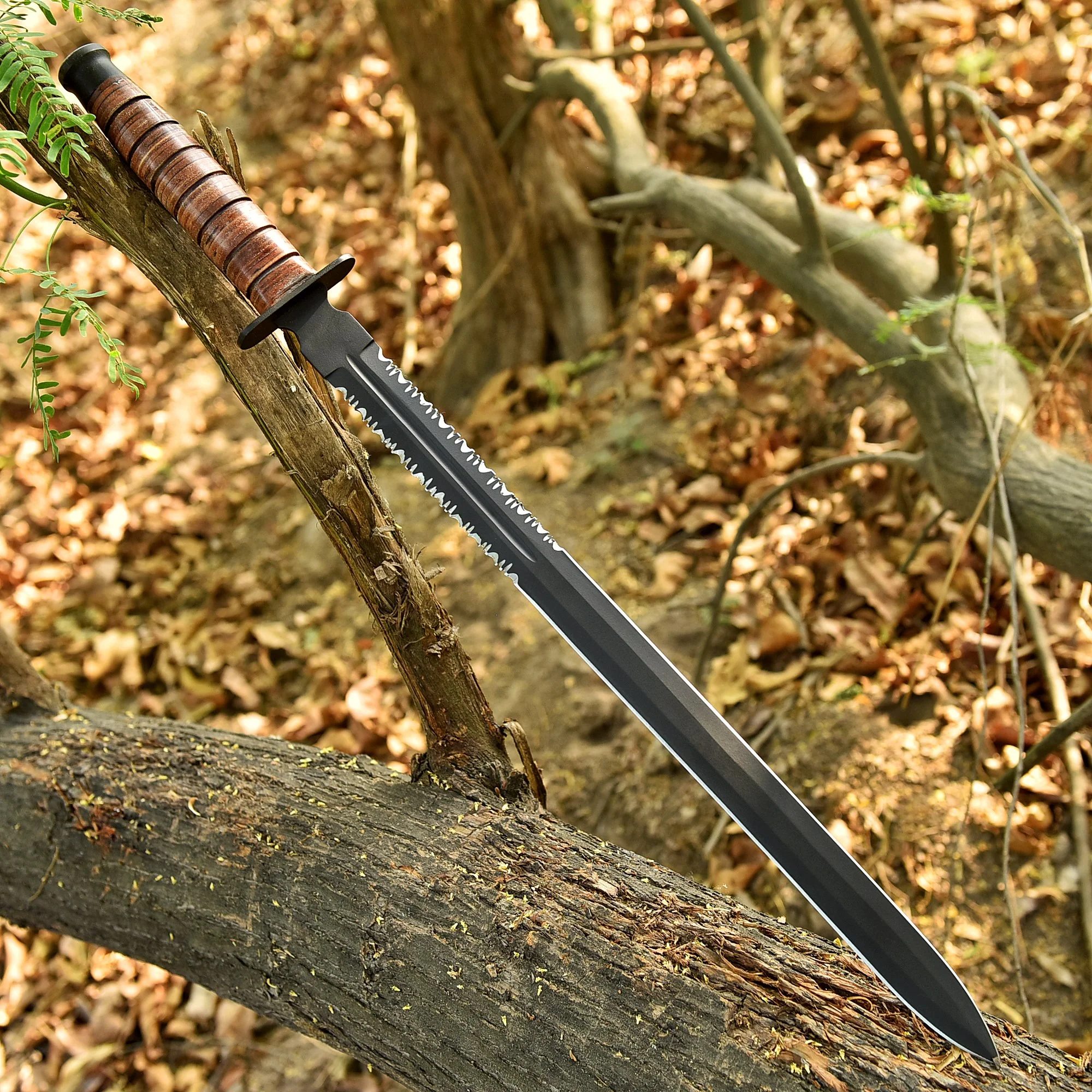 Handcrafted Carbon Steel Double Edged D2 Blade Sword Leather Handle