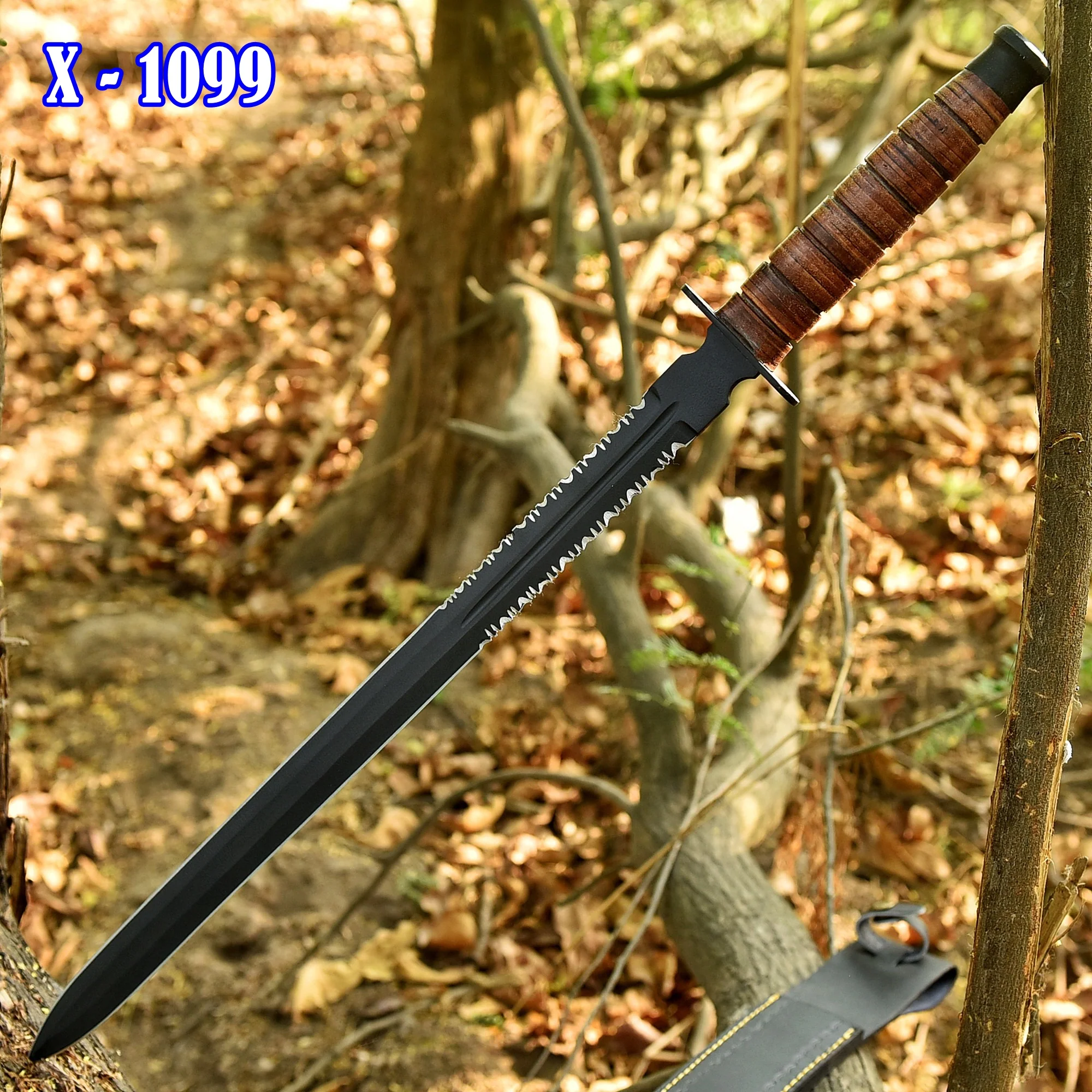 Handcrafted Carbon Steel Double Edged D2 Blade Sword Leather Handle - Image 2