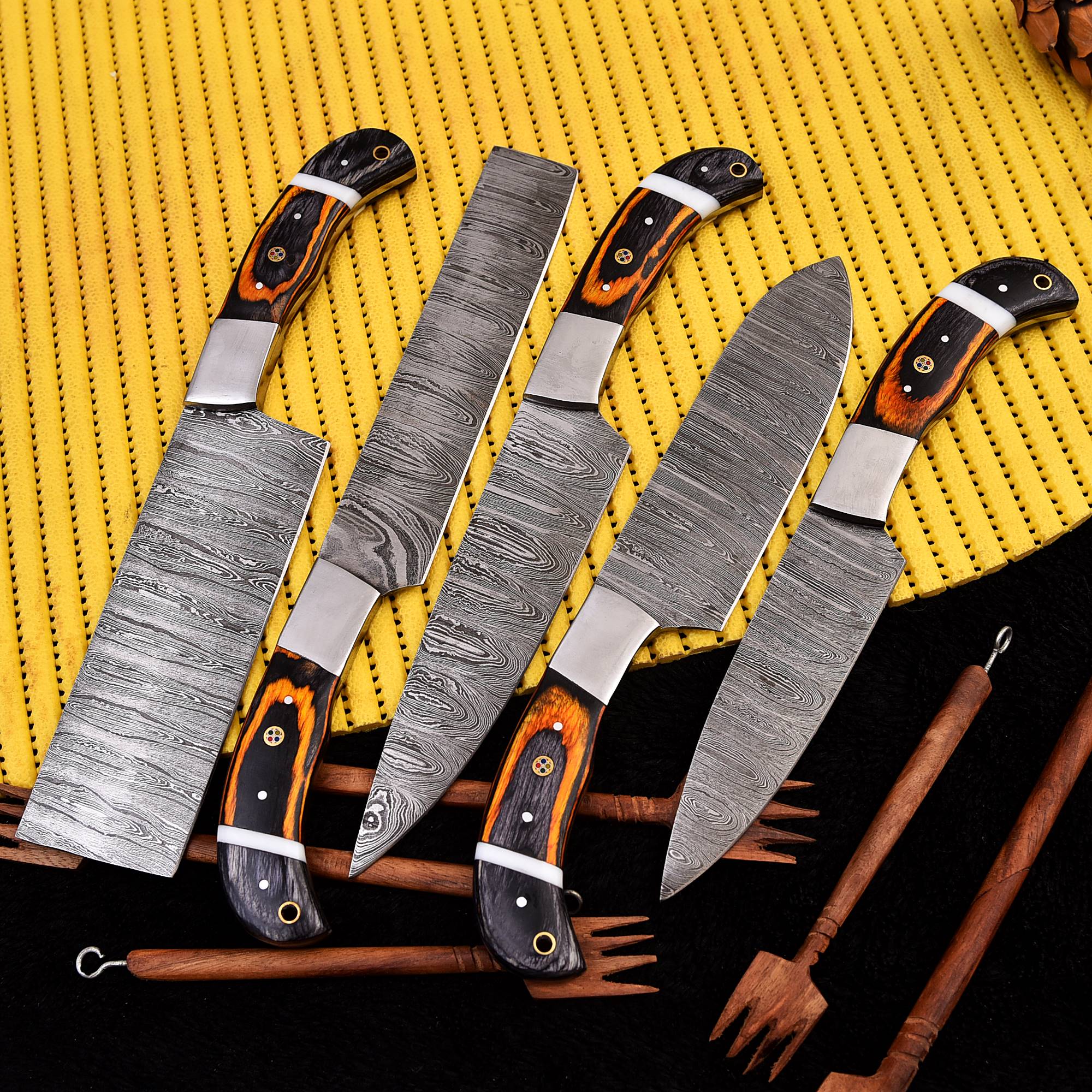 Handcrafted Damascus Steel 5PCS Chef Knife Set Premium Kitchen Knifes Set