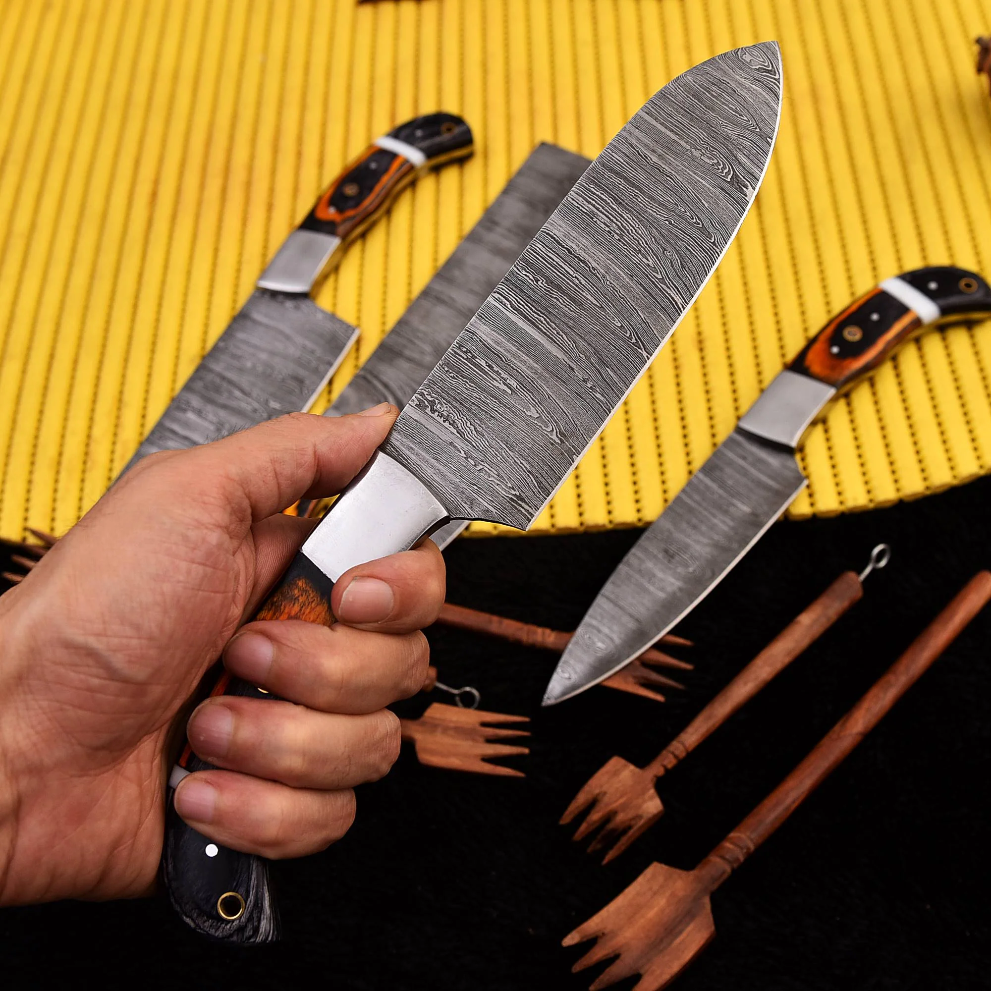 Handcrafted Damascus Steel 5PCS Chef Knife Set Premium Kitchen Knifes Set - Image 4