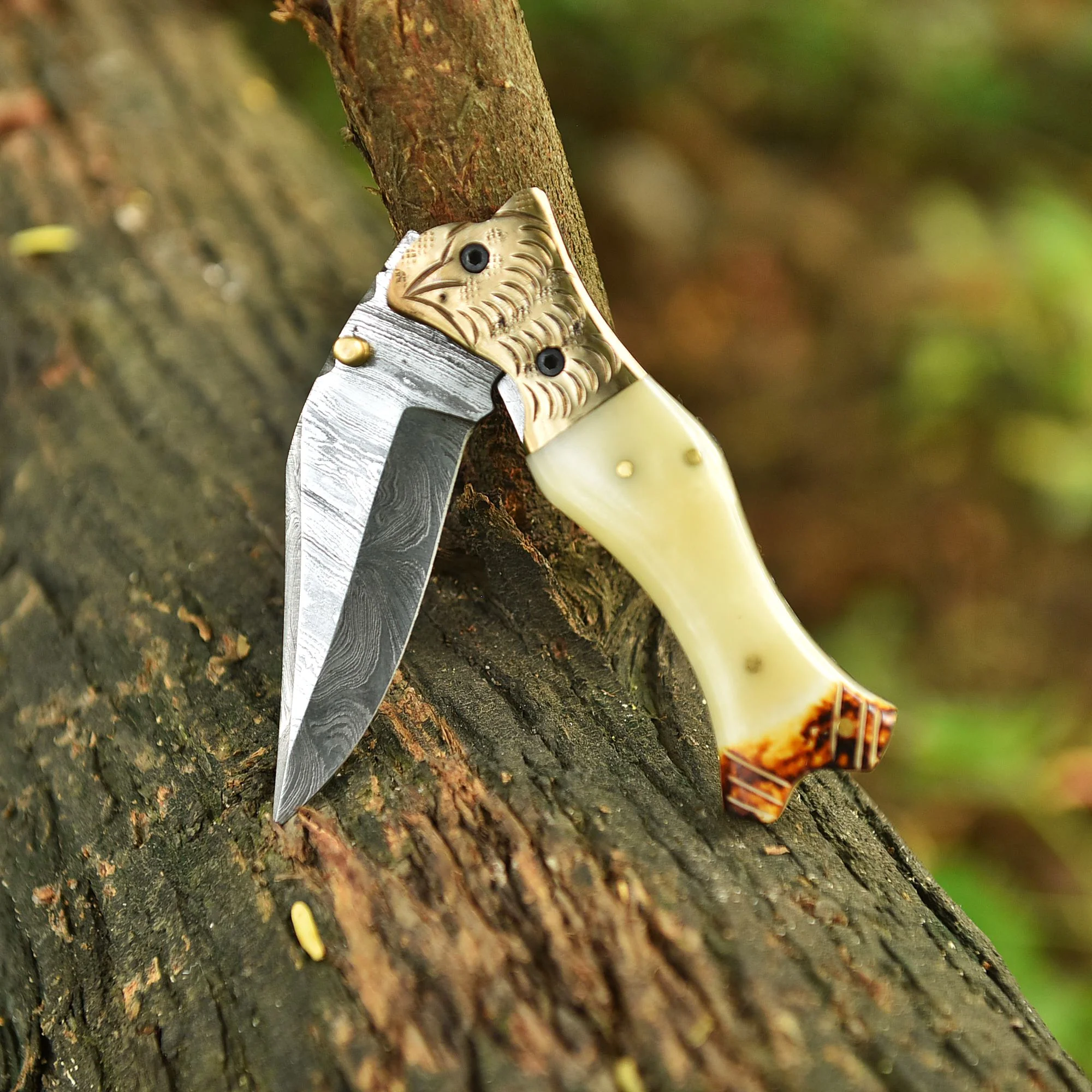 Handcrafted Damascus Steel Blade Folding Knife Camel Bone Handle EDC - Image 5