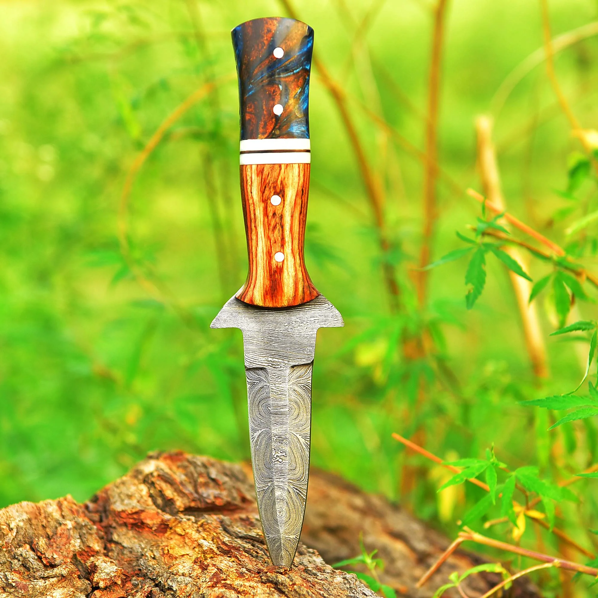 Handcrafted Damascus Steel Double Edge Blade Dagger Knife Wood Resin Handle - Image 5