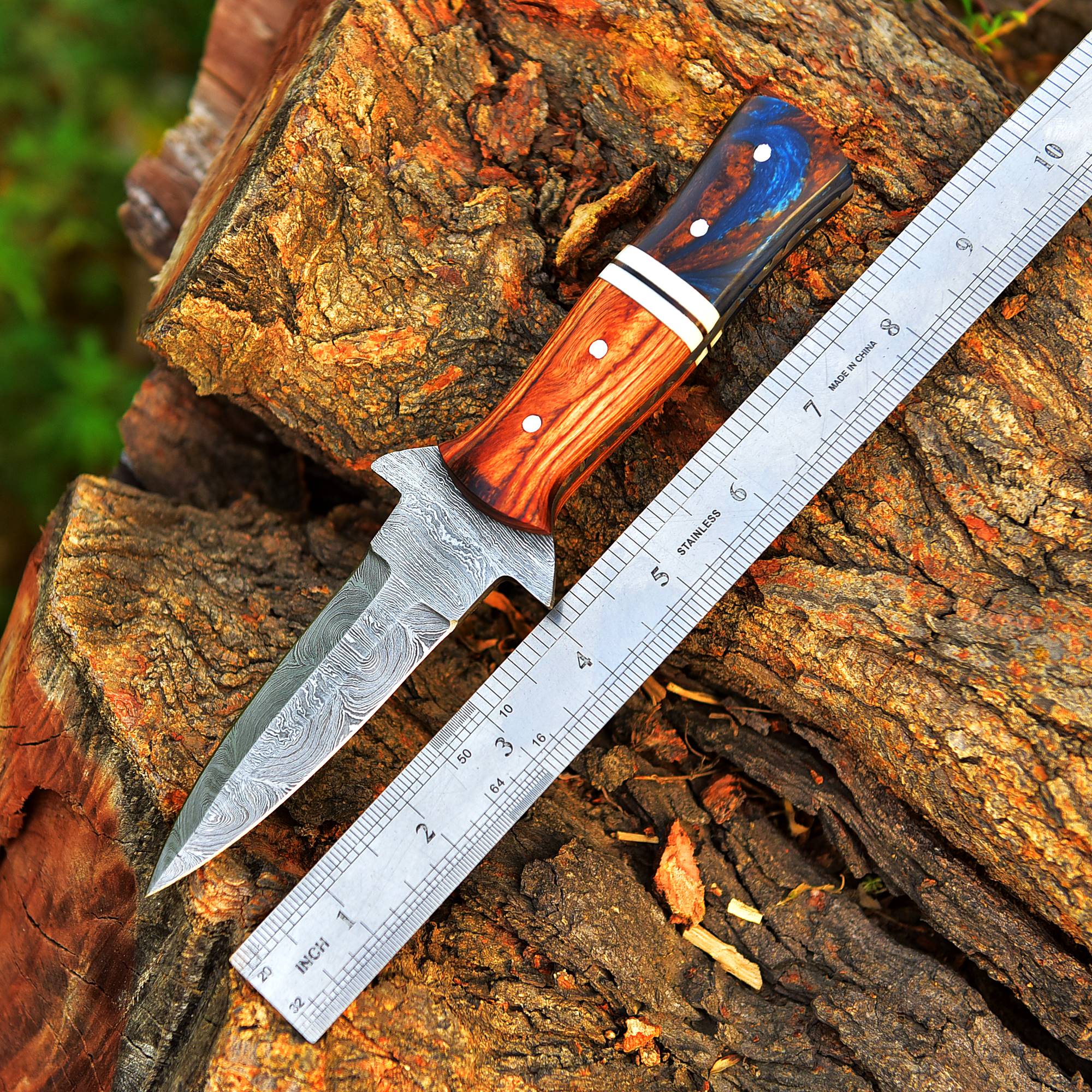 Handcrafted Damascus Steel Double Edge Blade Dagger Knife Wood Resin Handle - Image 6