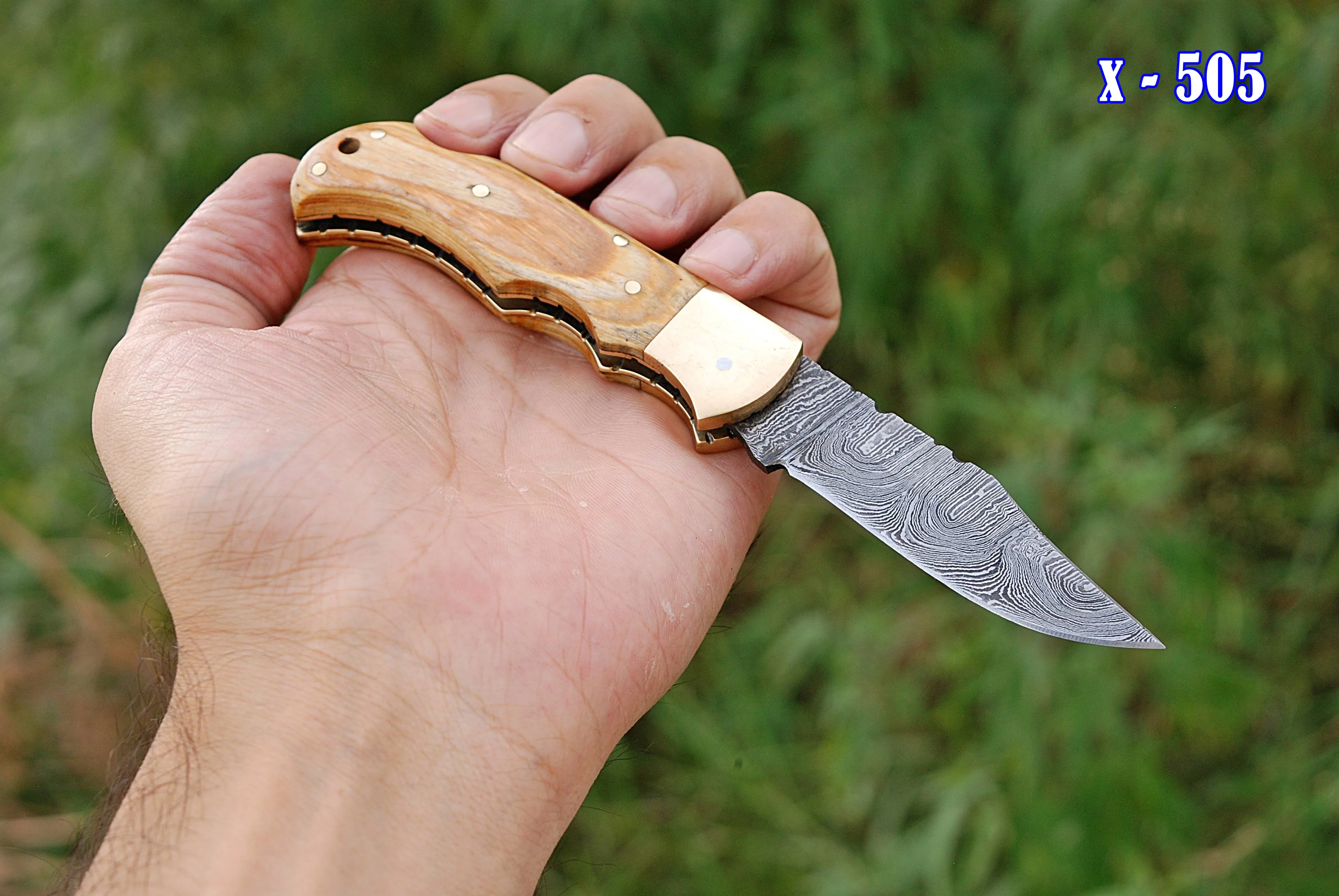 Handcrafted Damascus Steel Folding Pocket Knife Wood Brass Bolster Handle - Image 3