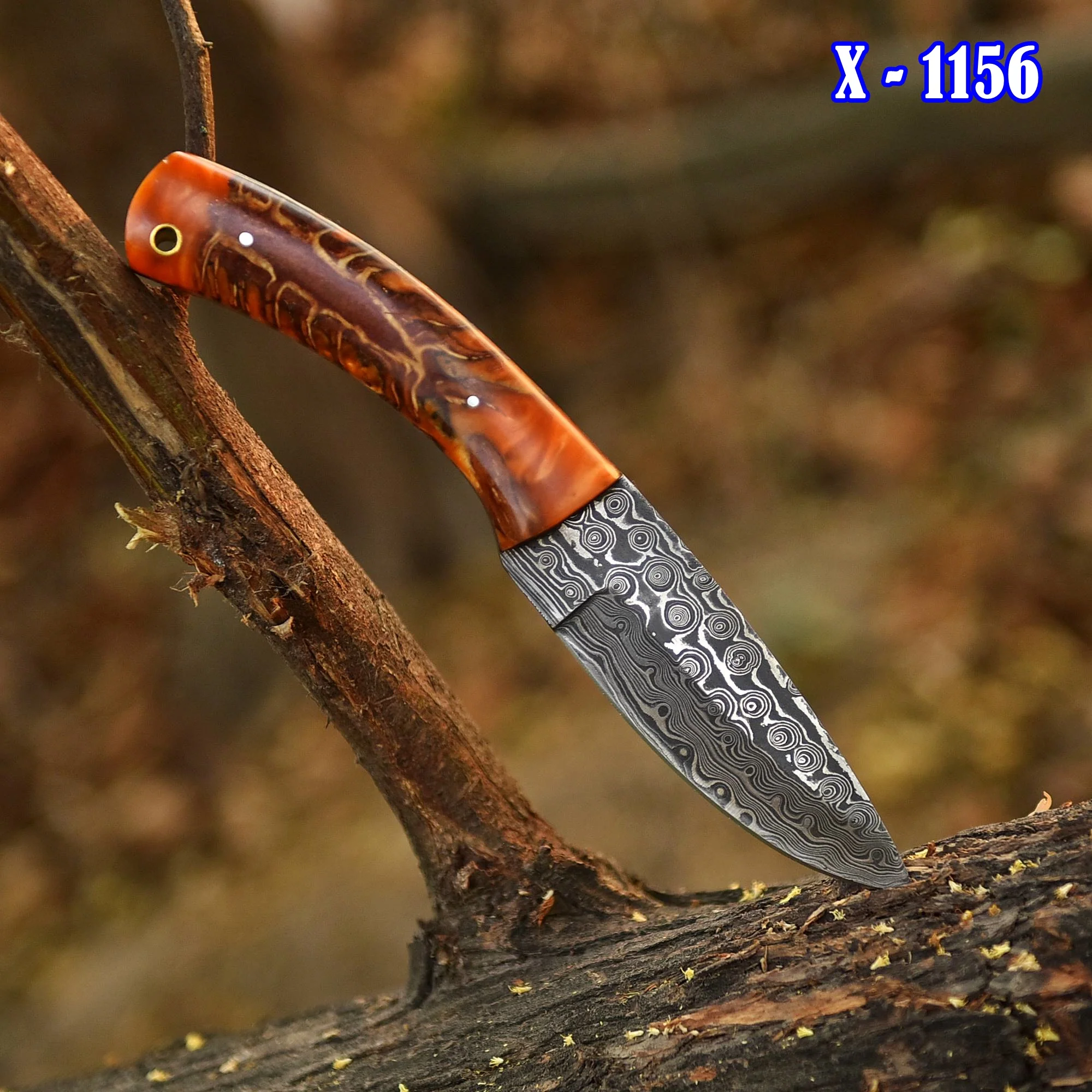 Handcrafted Damascus Steel Pinecone Skinner Camping Knife Resin Handle - Image 2