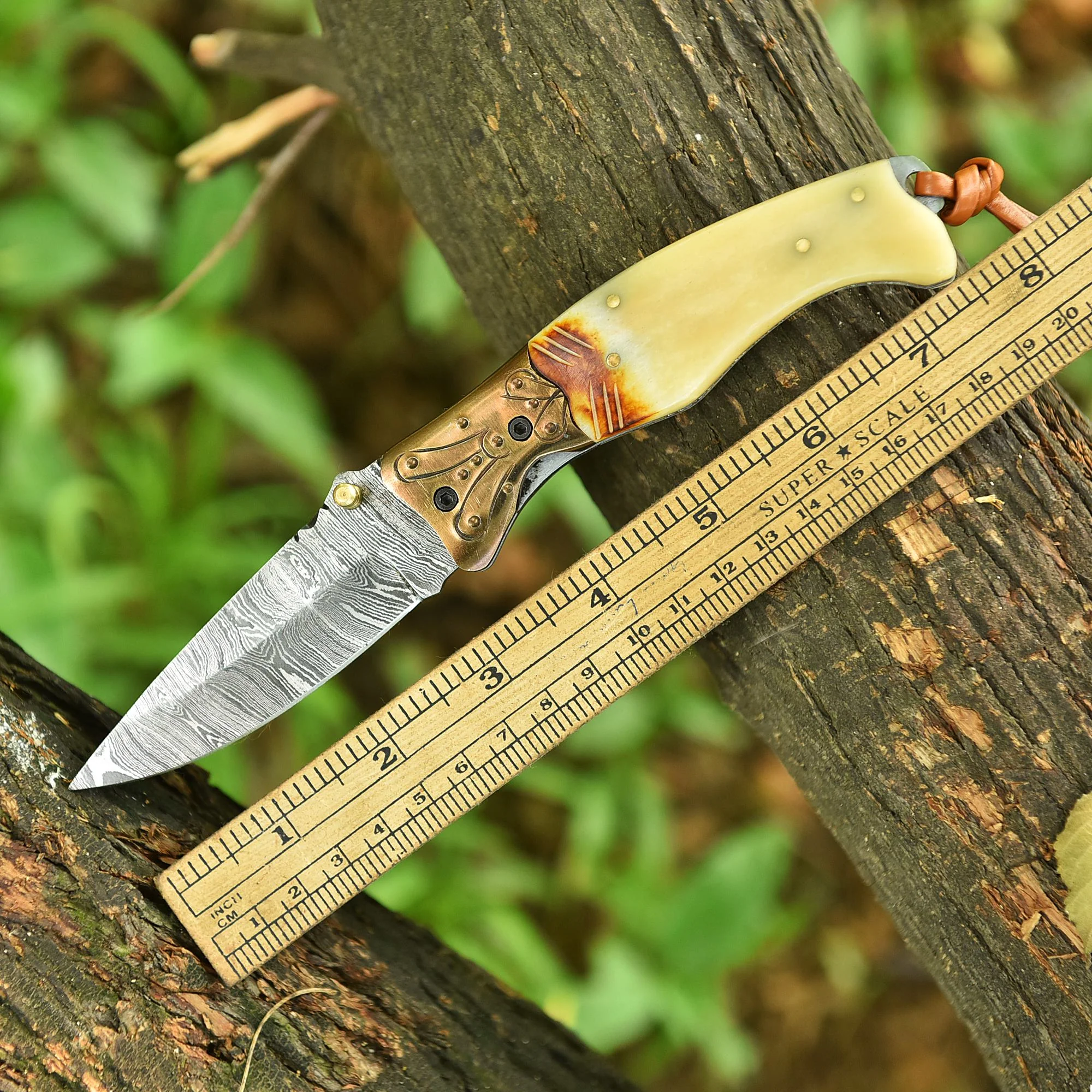 Handcrafted Folding Blade Knife Camel Bone Engraved Brass Bolster Handle - Image 4
