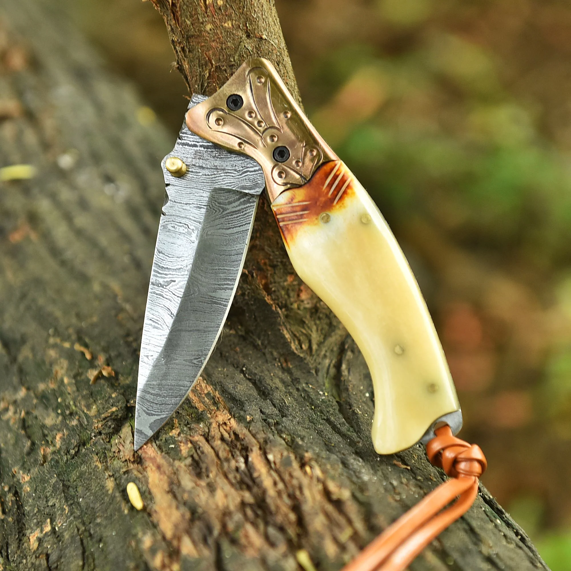 Handcrafted Folding Blade Knife Camel Bone Engraved Brass Bolster Handle - Image 5