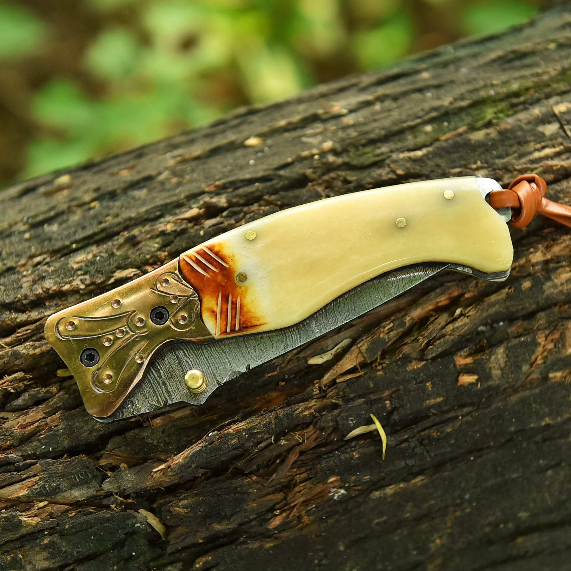 Handcrafted Folding Blade Knife Camel Bone Engraved Brass Bolster Handle - Image 6