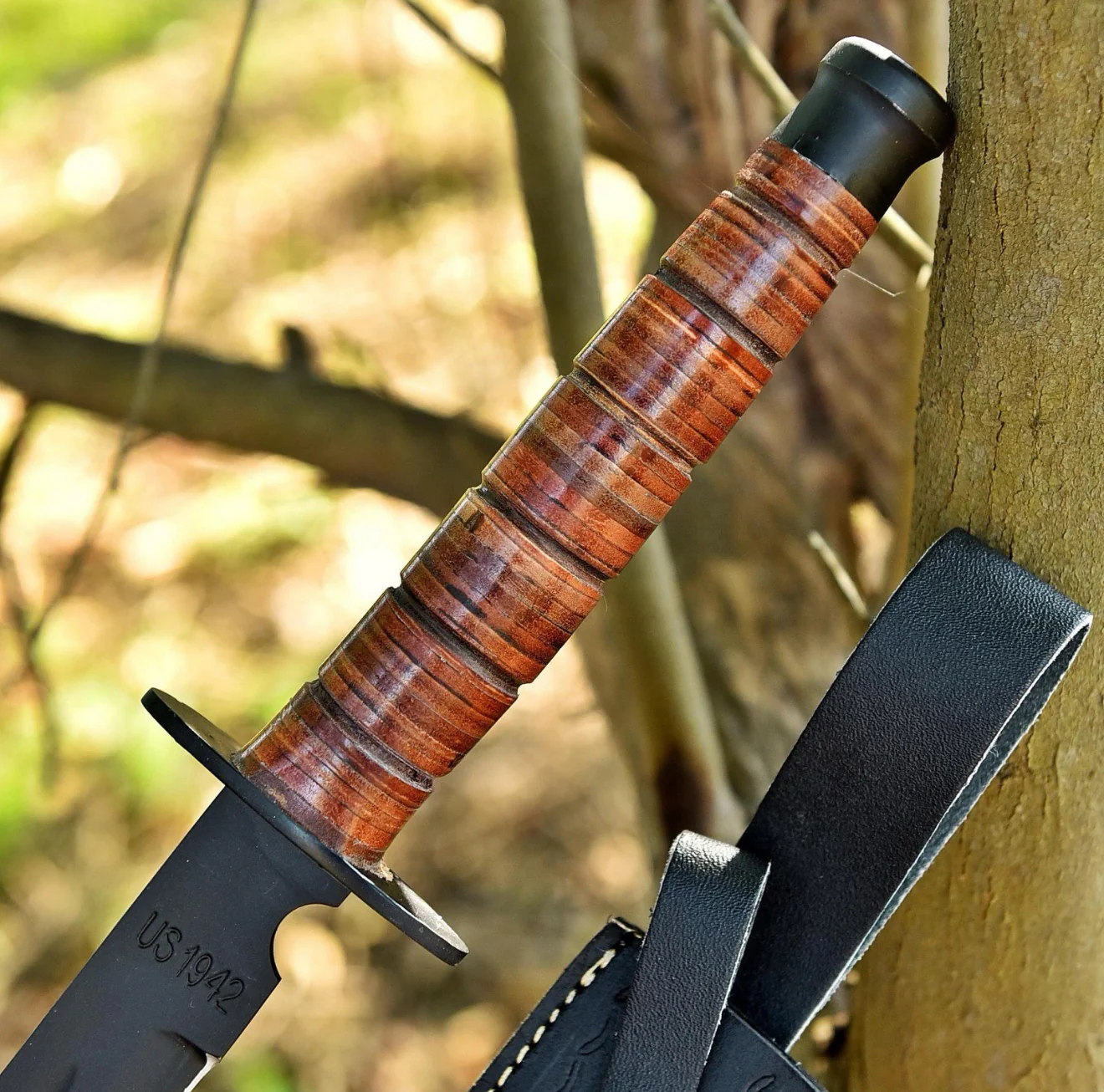 Handmade 1942 US Combat Sword with Leather Sheath | USMC Replica | Overall 27.5" Knife - Image 6