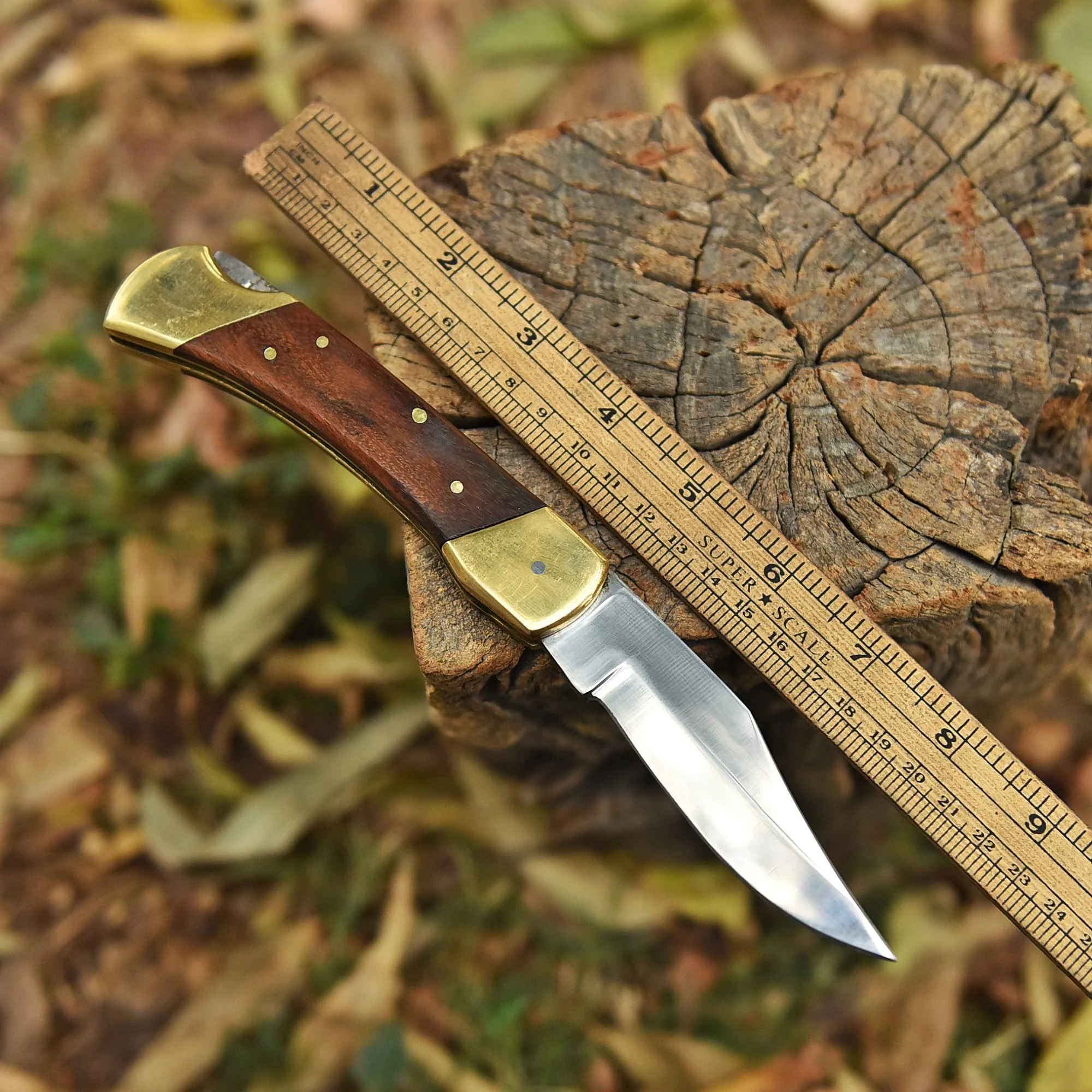 Handmade Carbon 1095 Steel Folding Pocket Knife Brass Wood Handle - Image 2