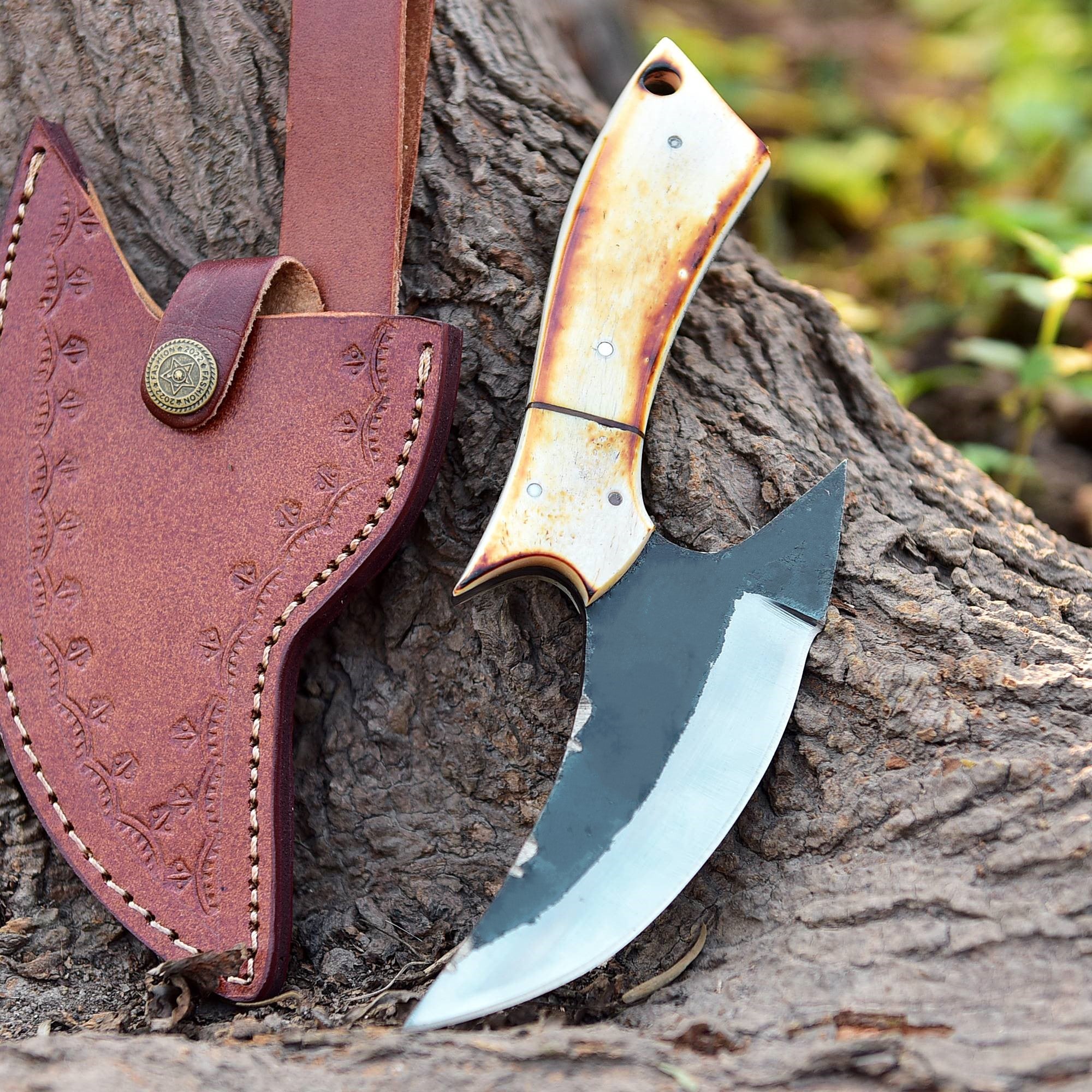 Handmade Carbon Steel Blade Ulu Kitchen Chef Knife Camel Bone Handle - Image 2
