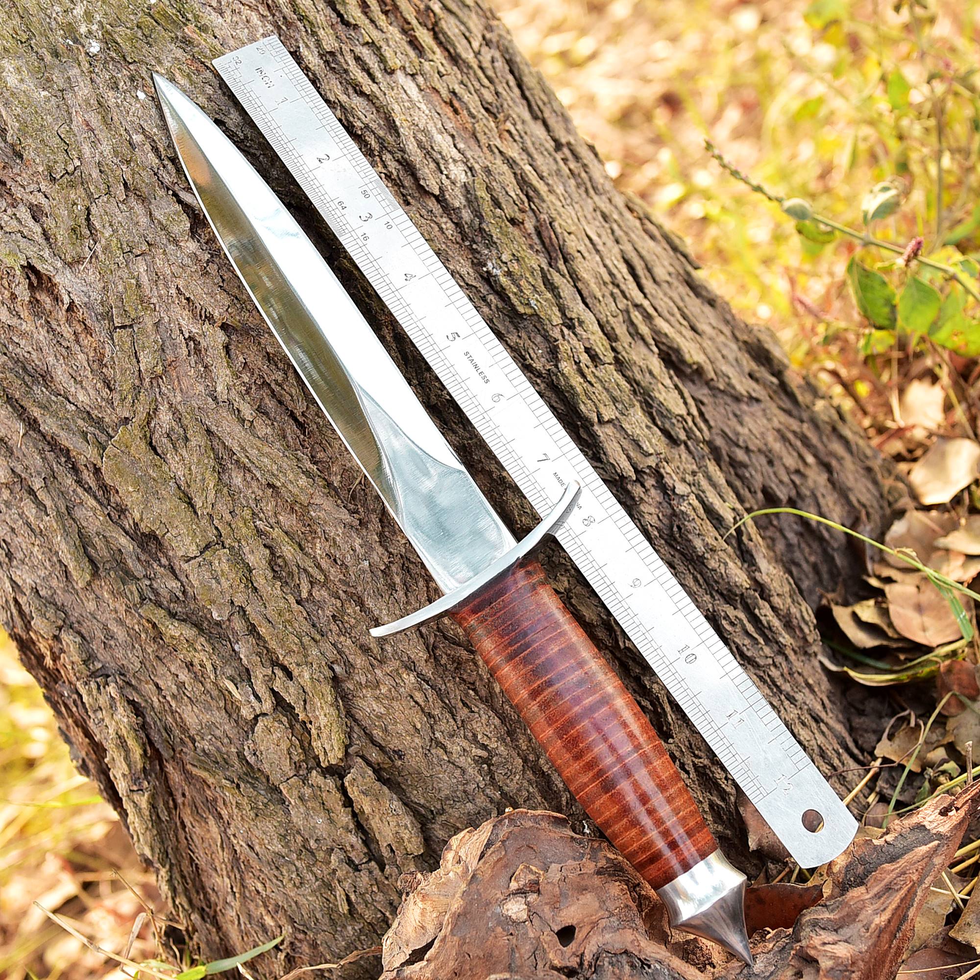 Handmade Carbon Steel Double Edge Blade Dagger Knife Leather Handle - Image 4