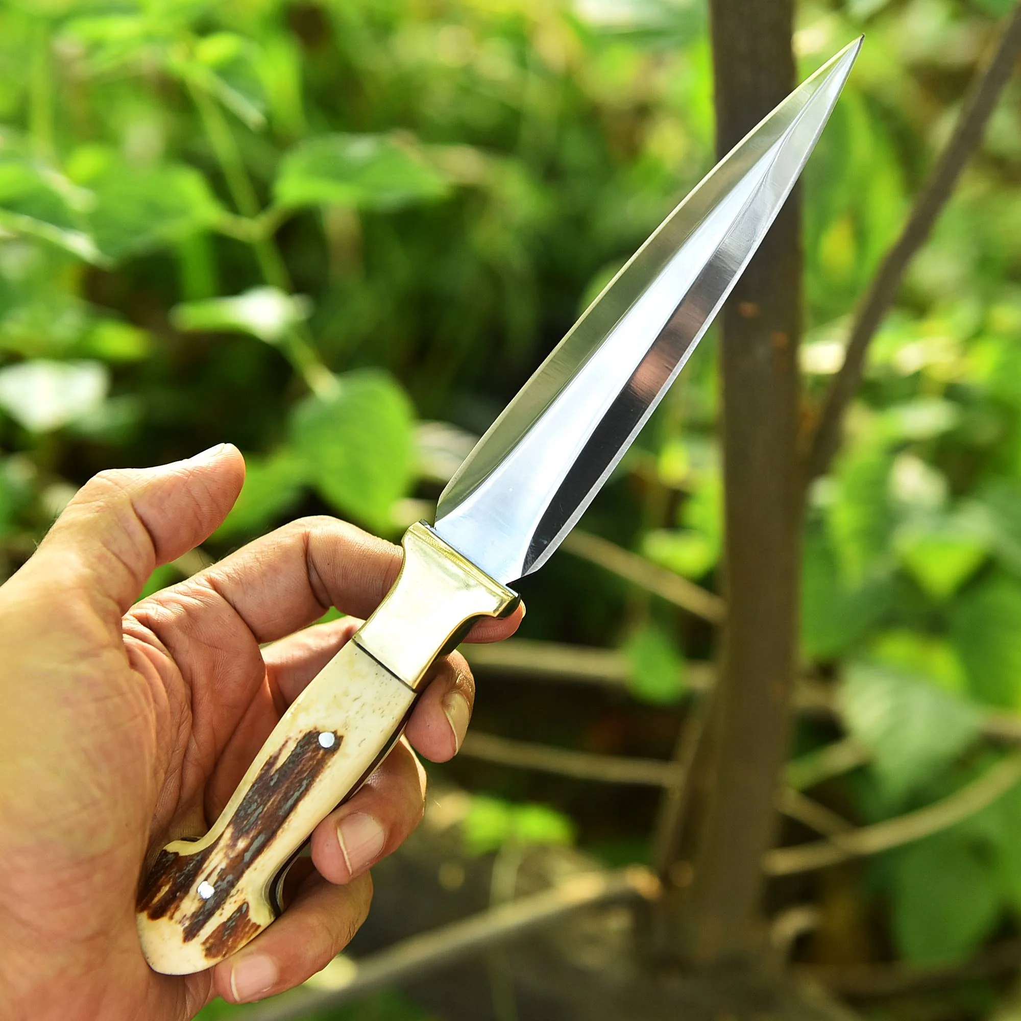 Handmade Carbon Steel High Polish Dual  Edge Blade knife - Stag Antler Handle - Image 4