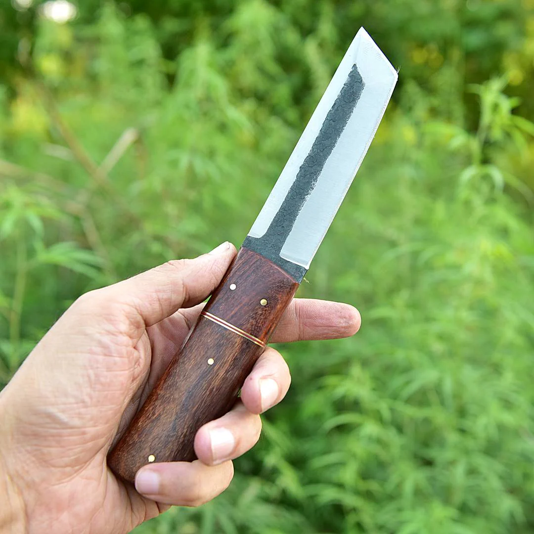 Handmade Carbon Steel Tanto knife Full tang - Wood Handle with Leather Sheath