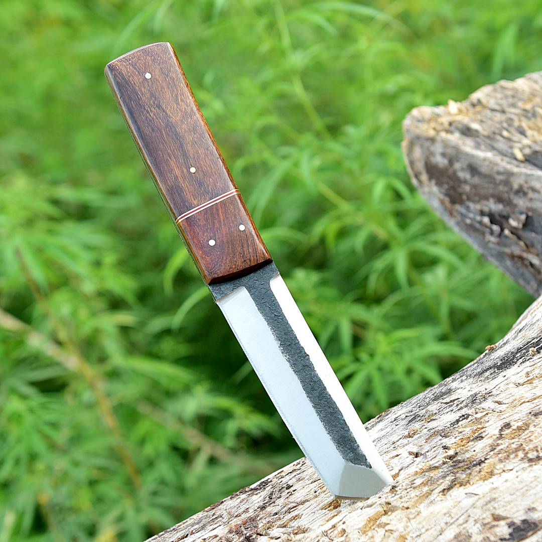 Handmade Carbon Steel Tanto knife Full tang - Wood Handle with Leather Sheath - Image 3