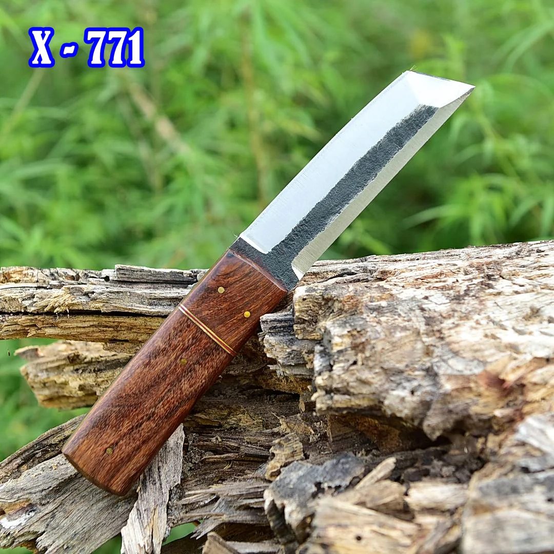 Handmade Carbon Steel Tanto knife Full tang - Wood Handle with Leather Sheath - Image 4