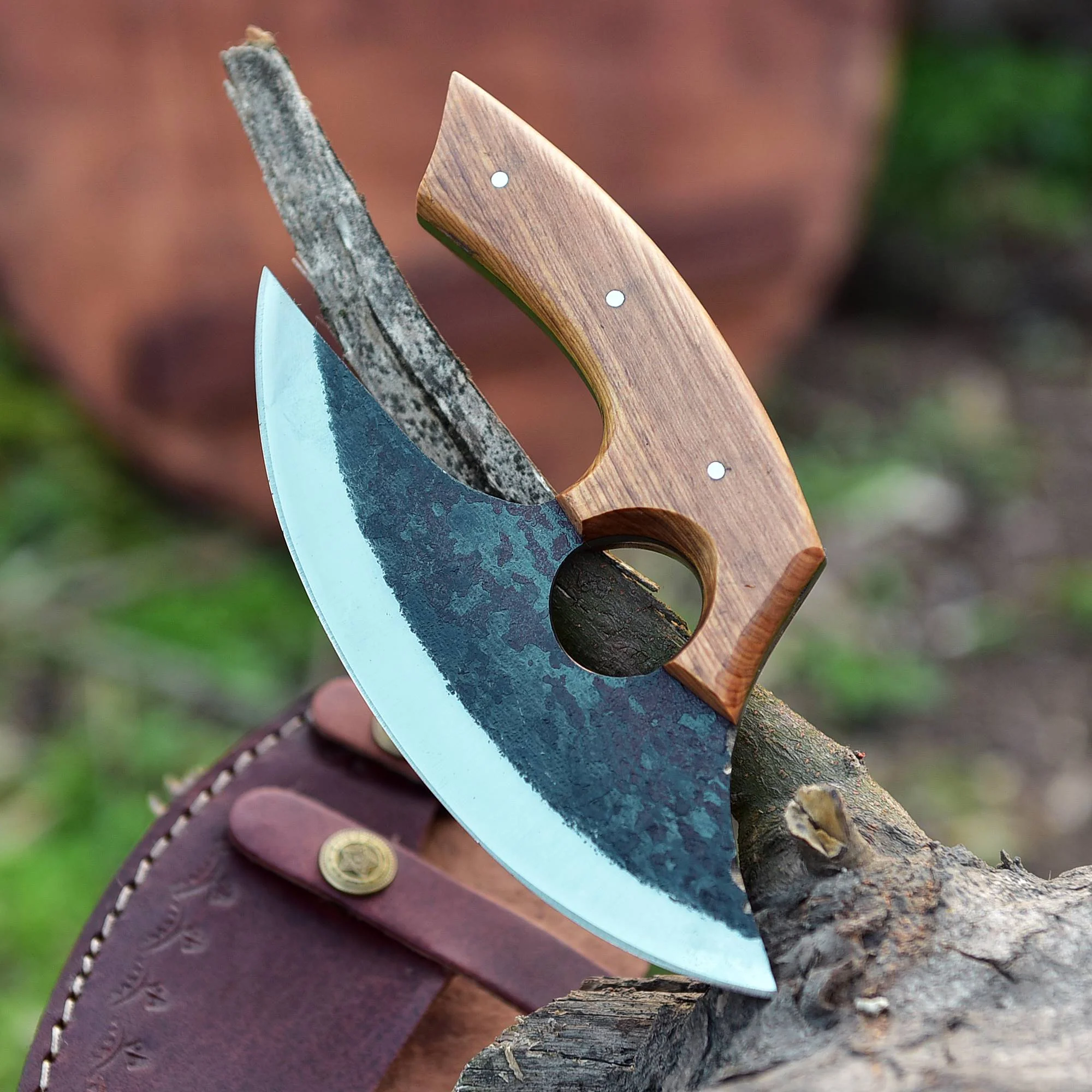 Handmade Carbon Steel Ulu Chef Knife - with Leather Sheath - Image 3