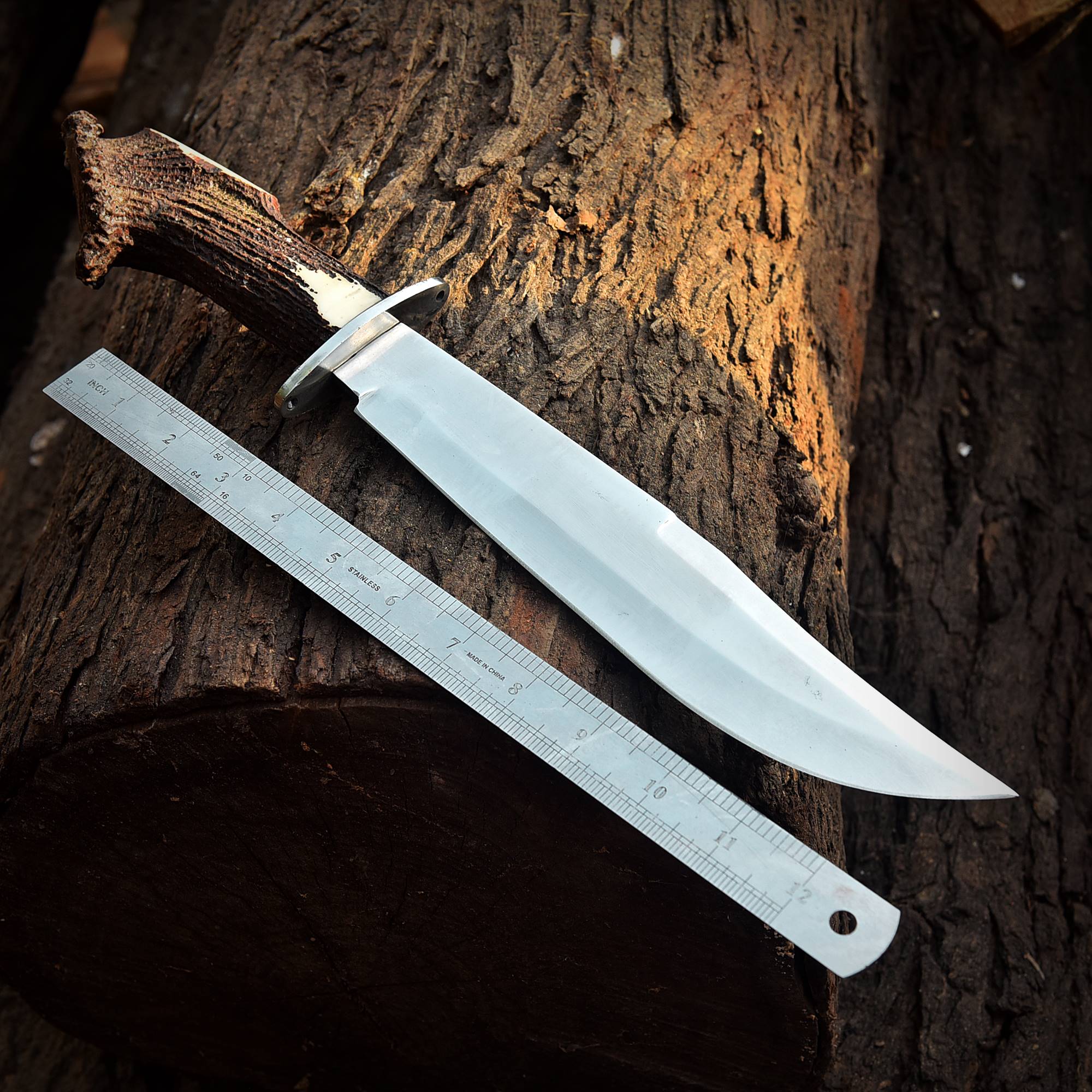 HANDMADE D2 Steel Bowie Survival Knife Deer Stag Crown Antler Handle - Image 3